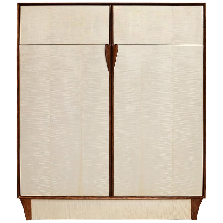 Bleached Maple Wood Dining Hutch or High Boy, Walnut Framing