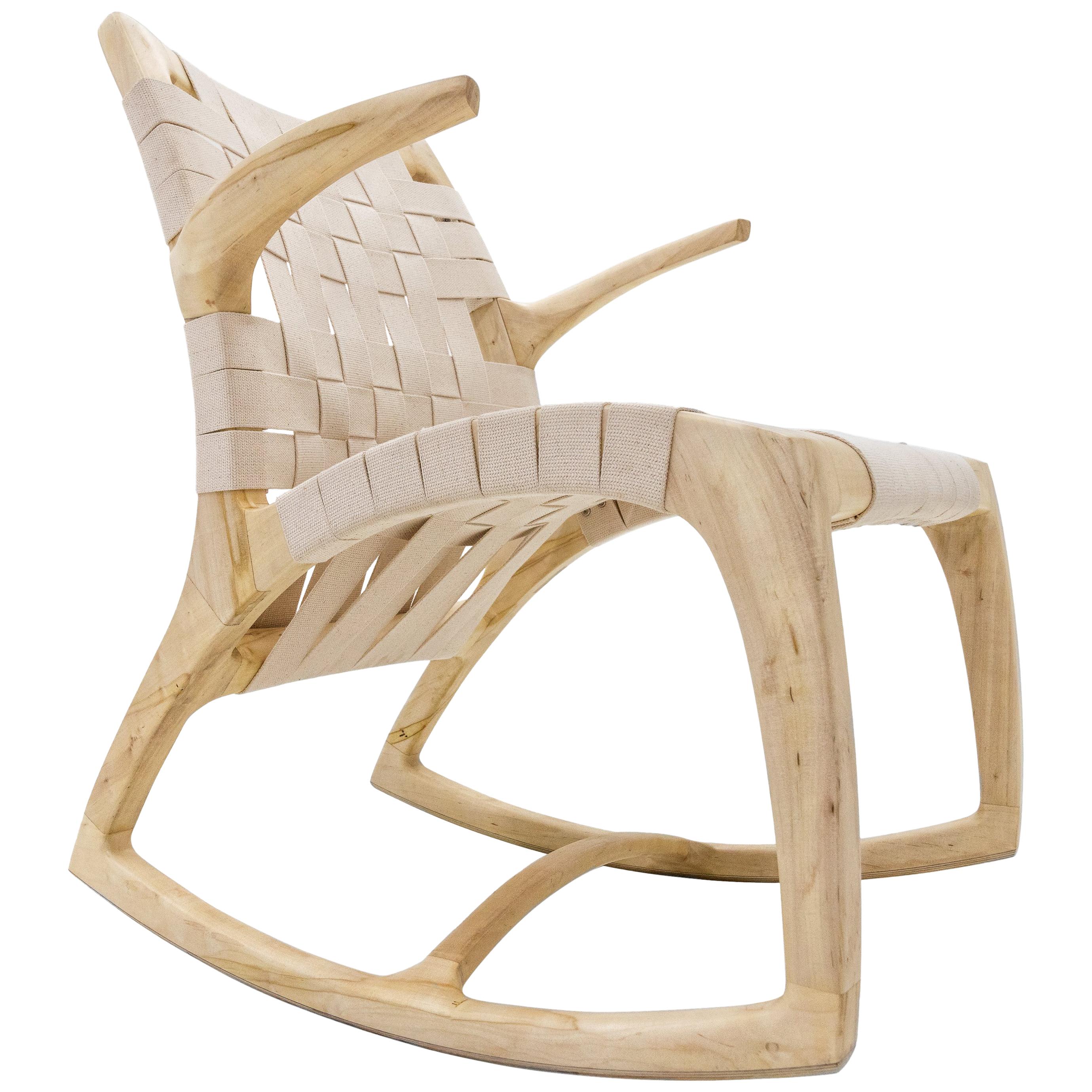 Bleached Maple Wood Luna Rocking Chair with Webbed Seat by Goebel For Sale