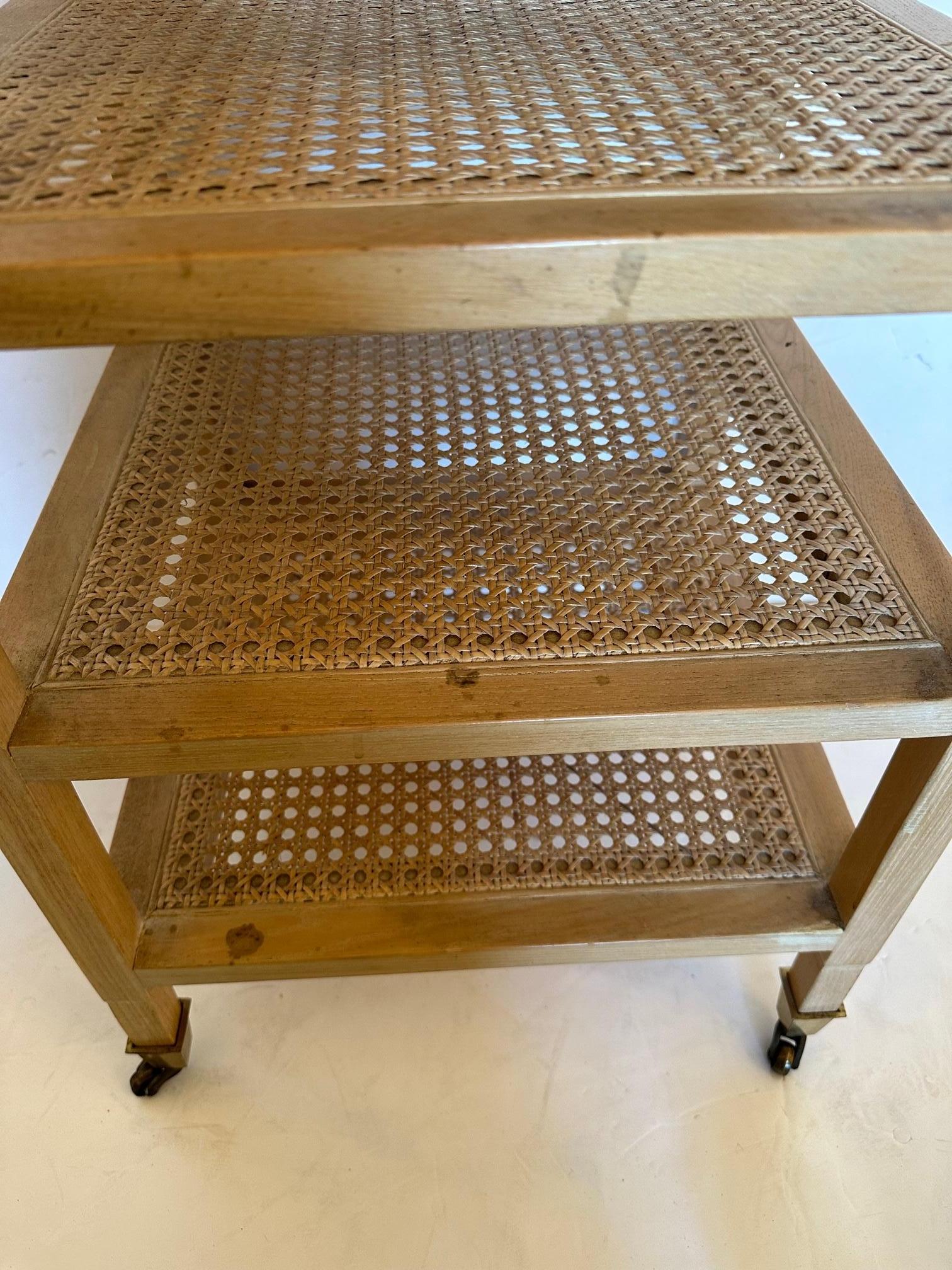 Bleached Oak and Caned 4 Shelf Side Table on Casters For Sale 2