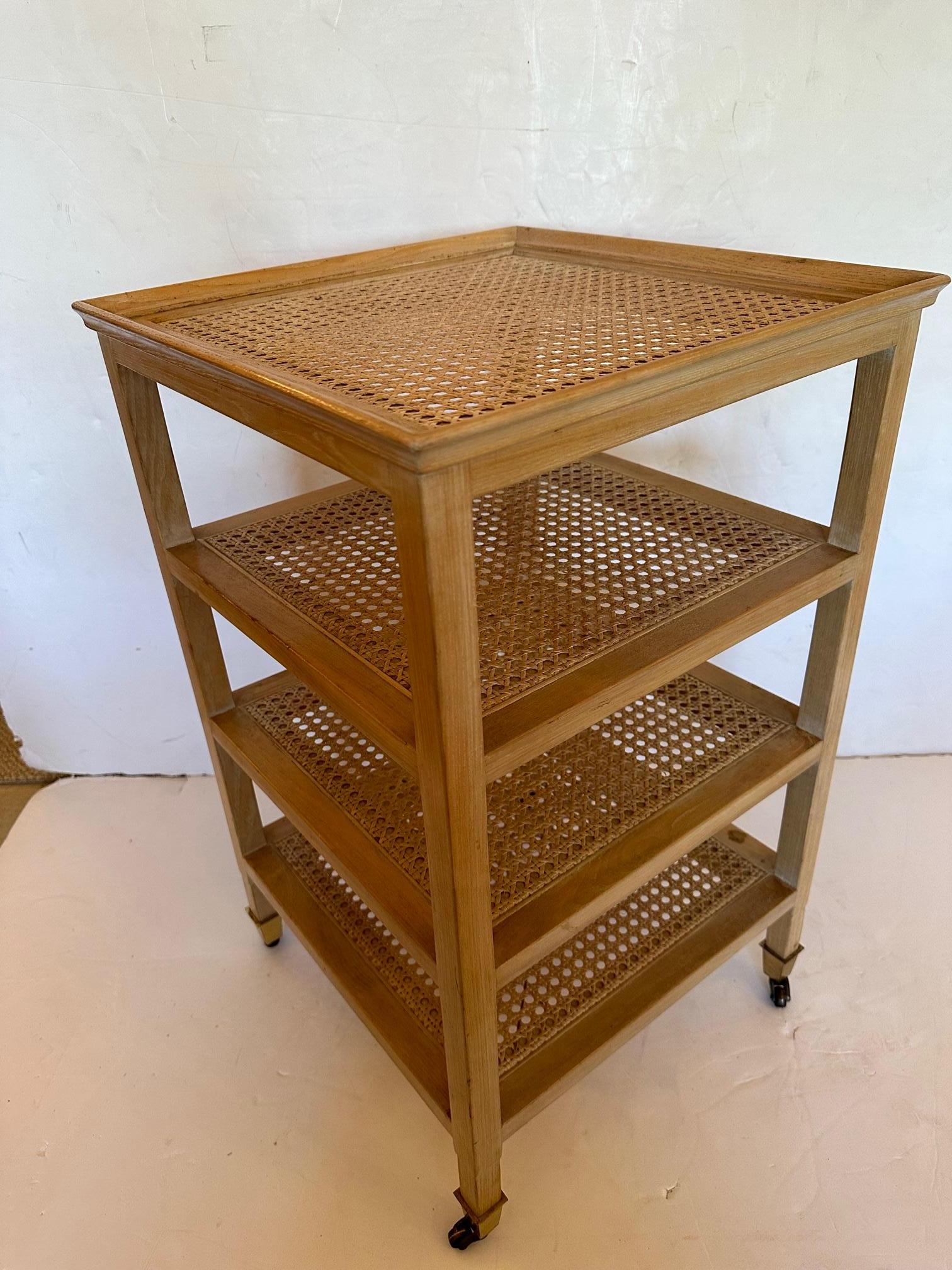 Bleached Oak and Caned 4 Shelf Side Table on Casters For Sale 4