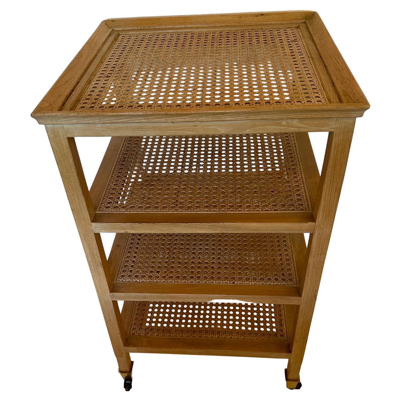 Bleached Oak and Caned 4 Shelf Side Table on Casters For Sale