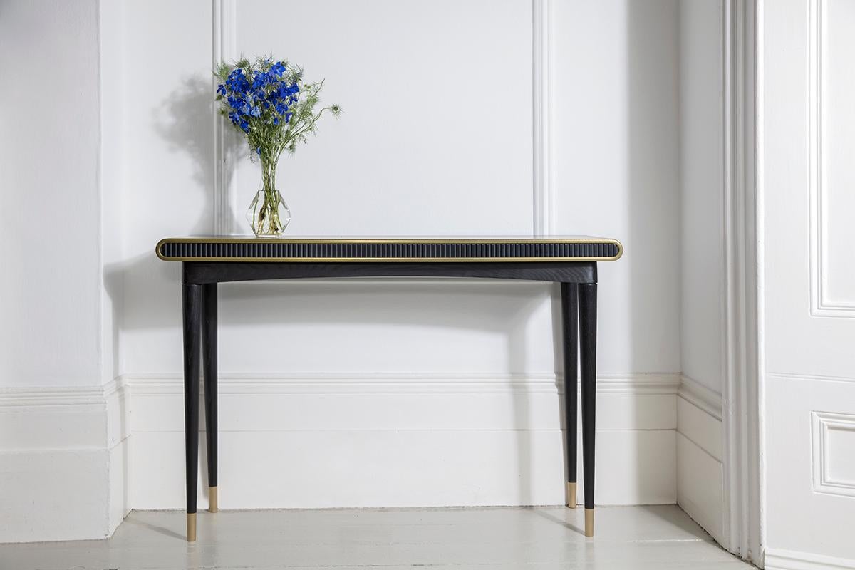 English Bleached Oak, Brass and Corian Gaia Console Table by Felice James Handmade in UK For Sale