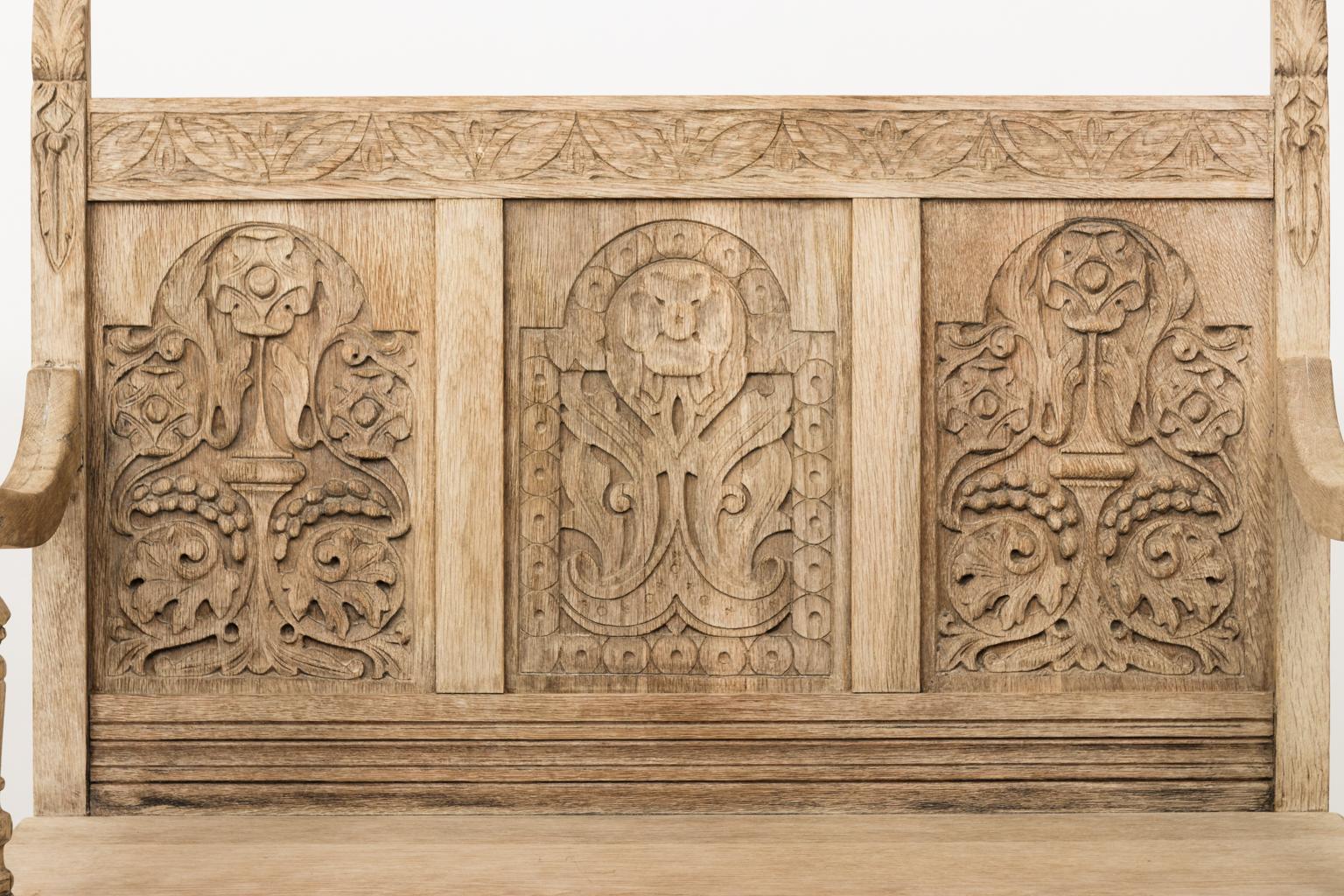 Bleached Oak Carved Jacobean Bench, circa 1902 3