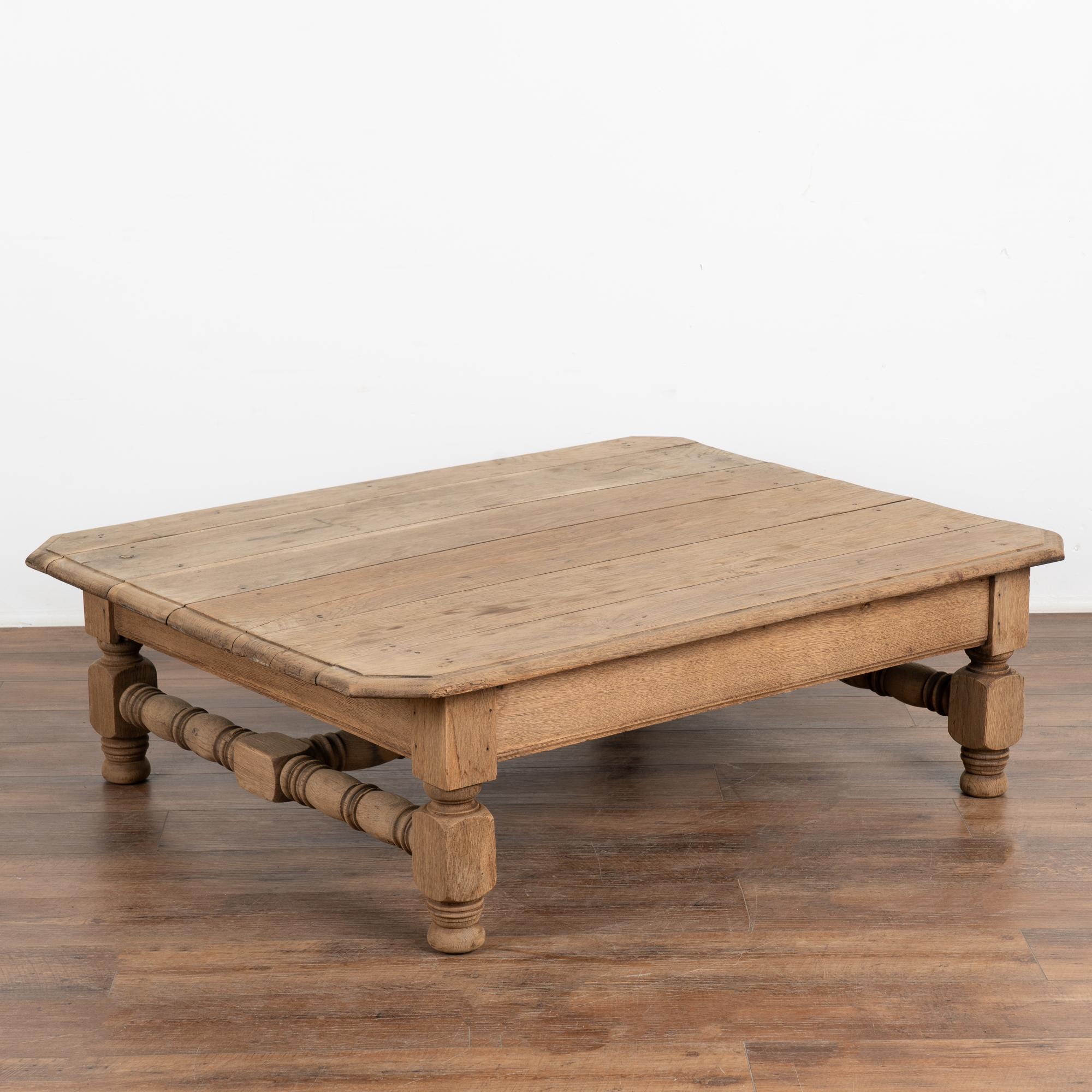 Bleached oak coffee table from France. The user-friendly shape makes it highly functional while the organic feel of the bleached oak creates a fresh look for today's modern home. 
The handsome turned stretcher base creates an attractive contrast to
