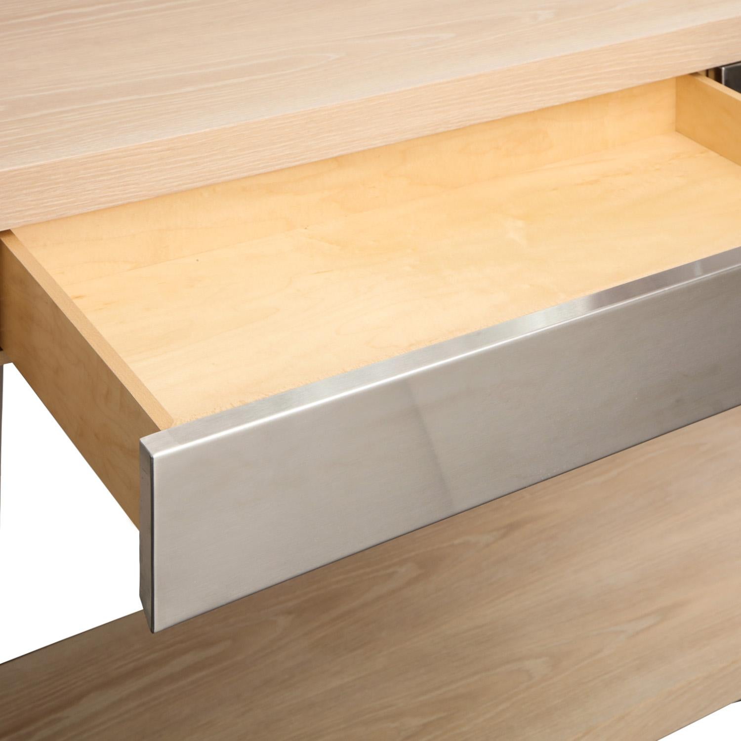 Hand-Crafted Bleached Oak Console with Brushed Stainless Steel Drawers For Sale