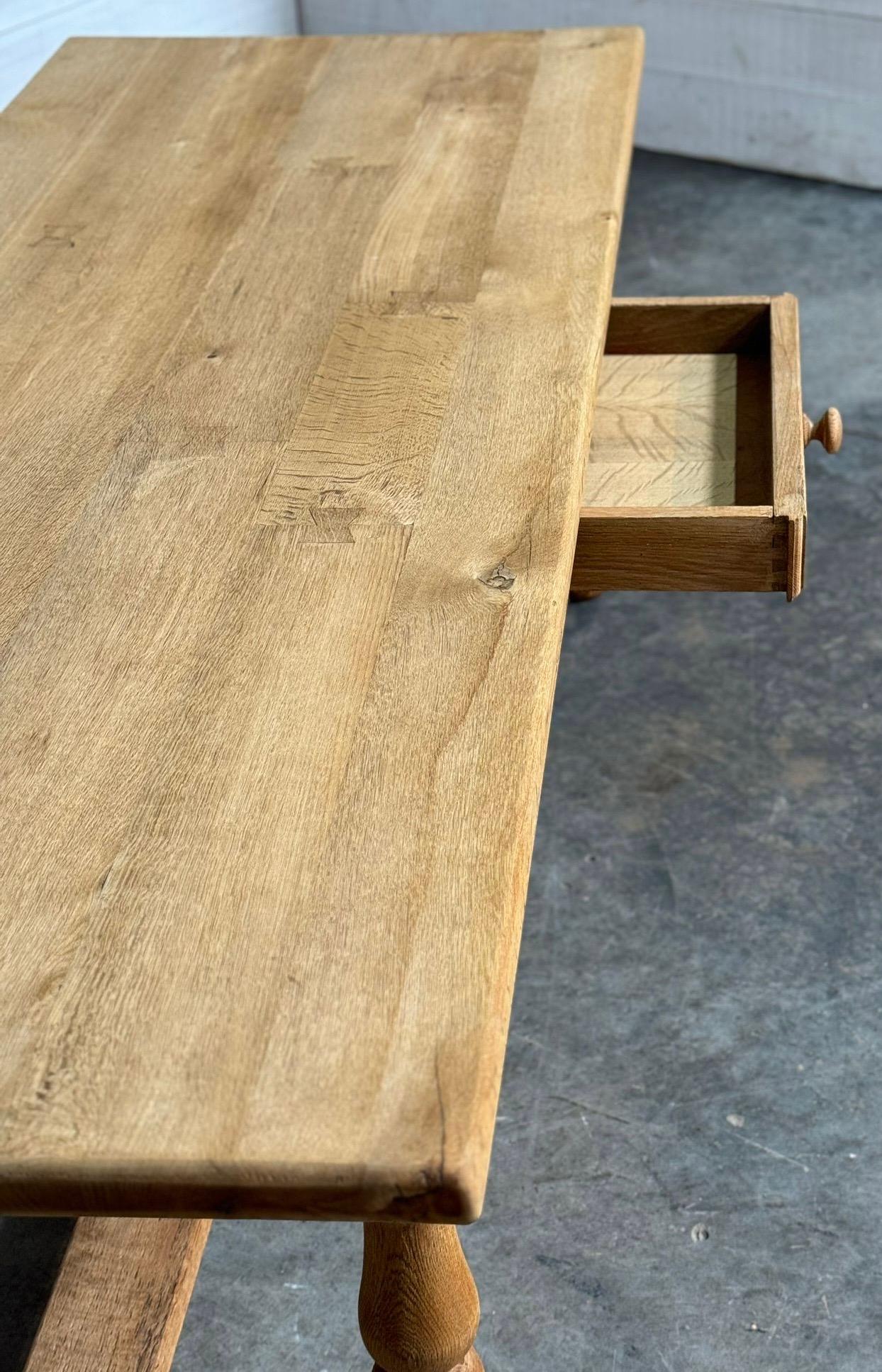 Bleached Oak Farmhouse Kitchen Dining Table with Drawer For Sale 5