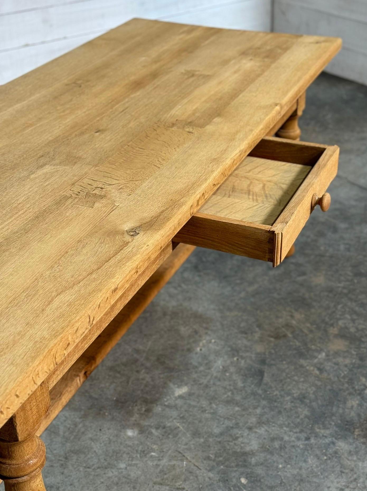 Bleached Oak Farmhouse Kitchen Dining Table with Drawer For Sale 6