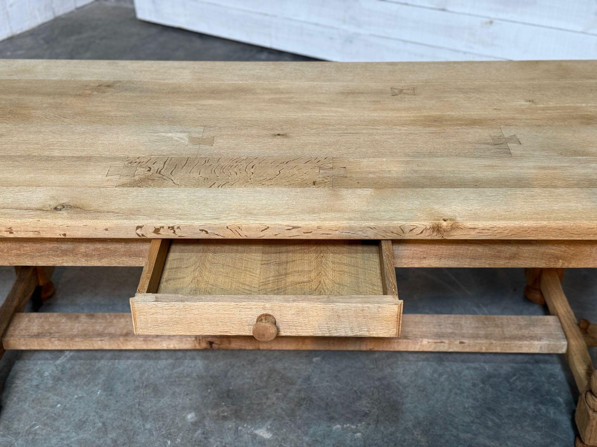 Bleached Oak Farmhouse Kitchen Dining Table with Drawer For Sale 8