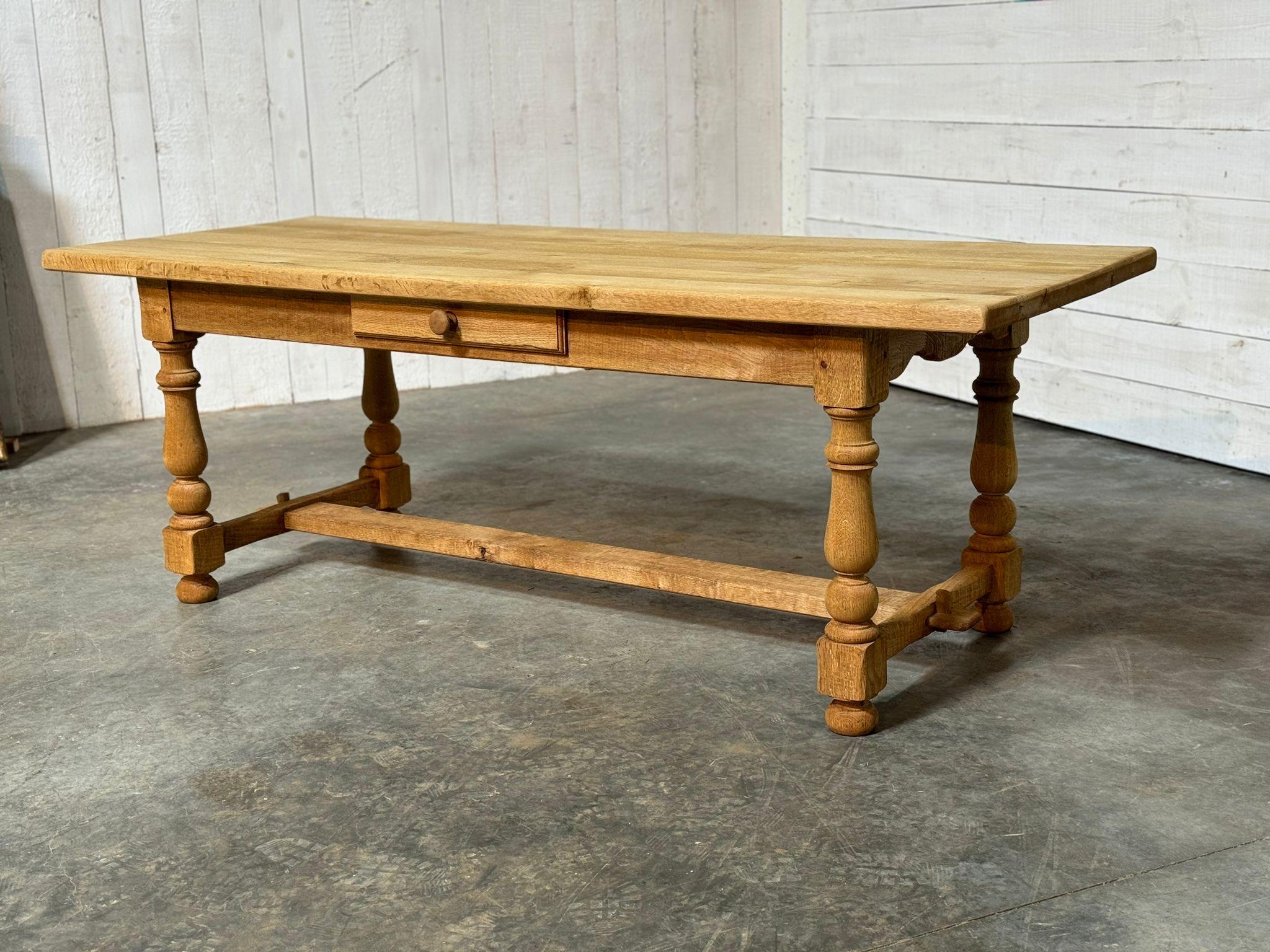 Bleached Oak Farmhouse Kitchen Dining Table with Drawer For Sale 11