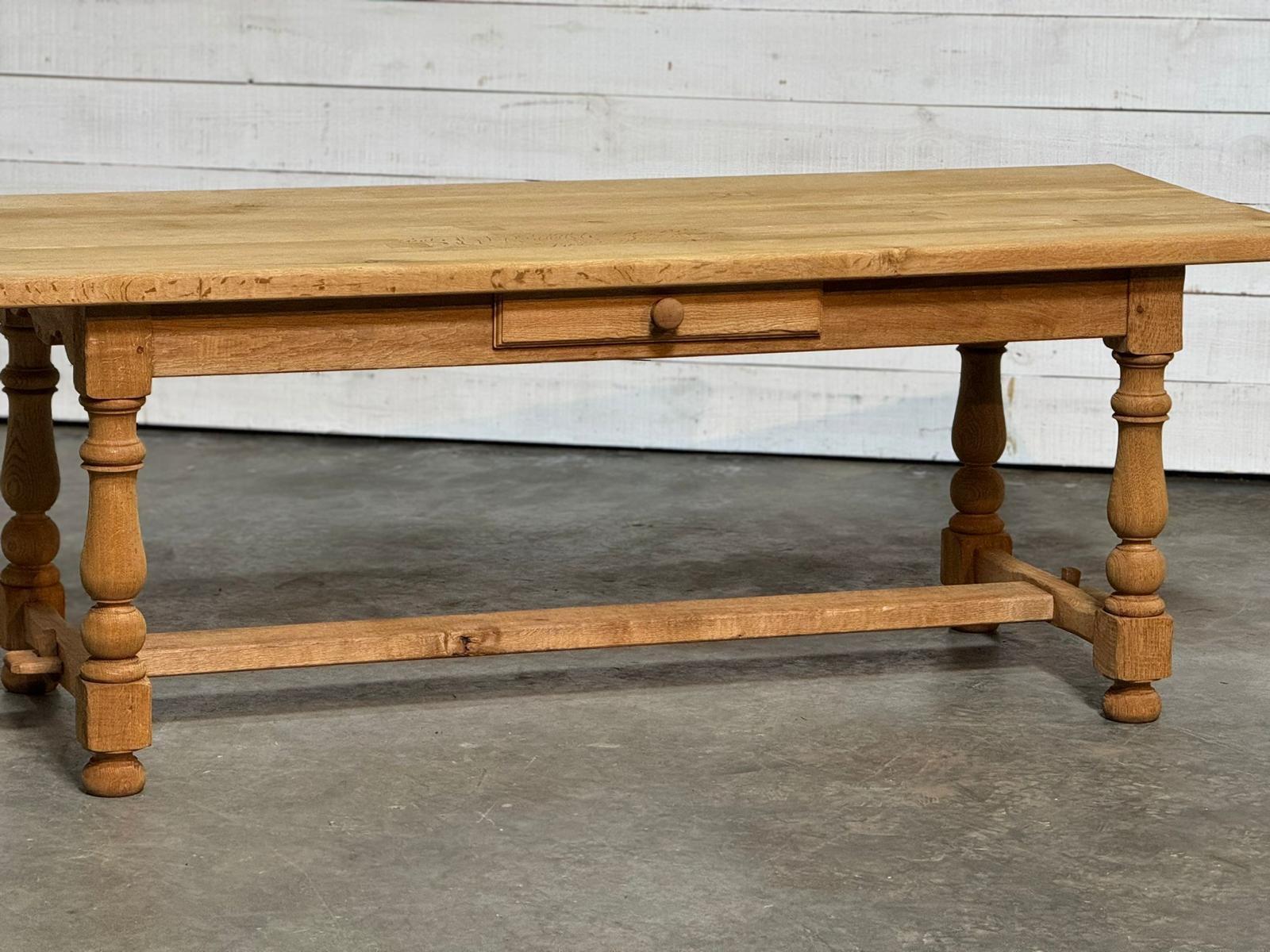 Bleached Oak Farmhouse Kitchen Dining Table with Drawer For Sale 13