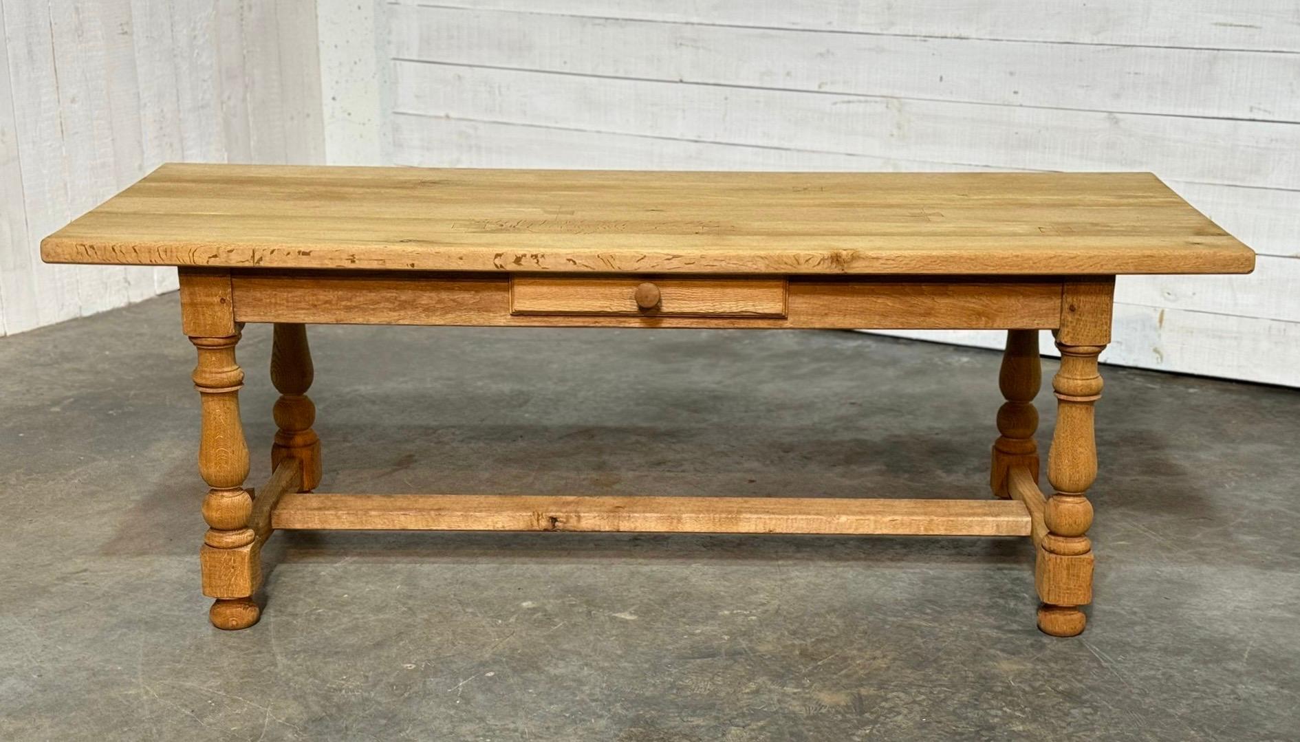 French Bleached Oak Farmhouse Kitchen Dining Table with Drawer For Sale