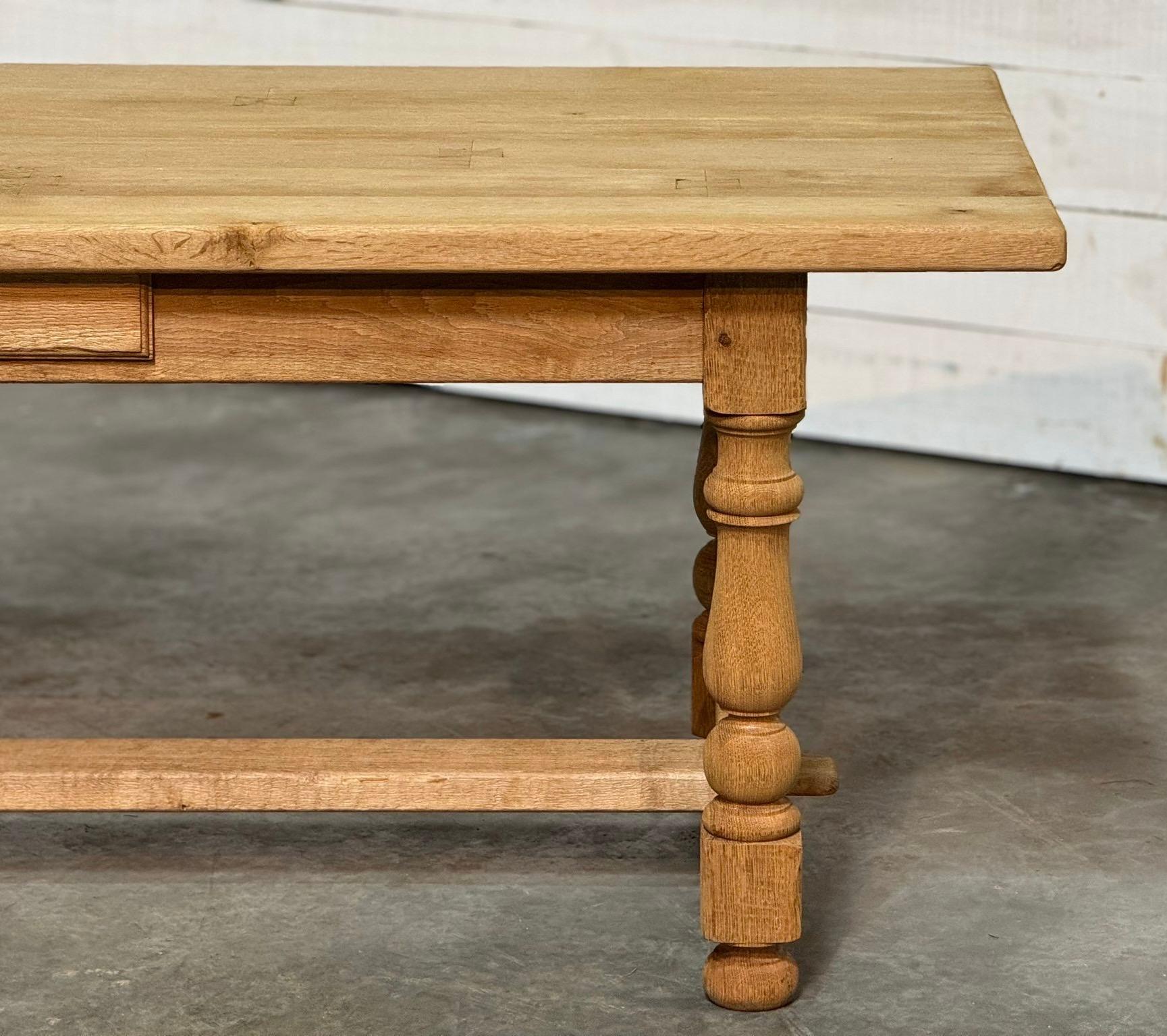 20th Century Bleached Oak Farmhouse Kitchen Dining Table with Drawer For Sale