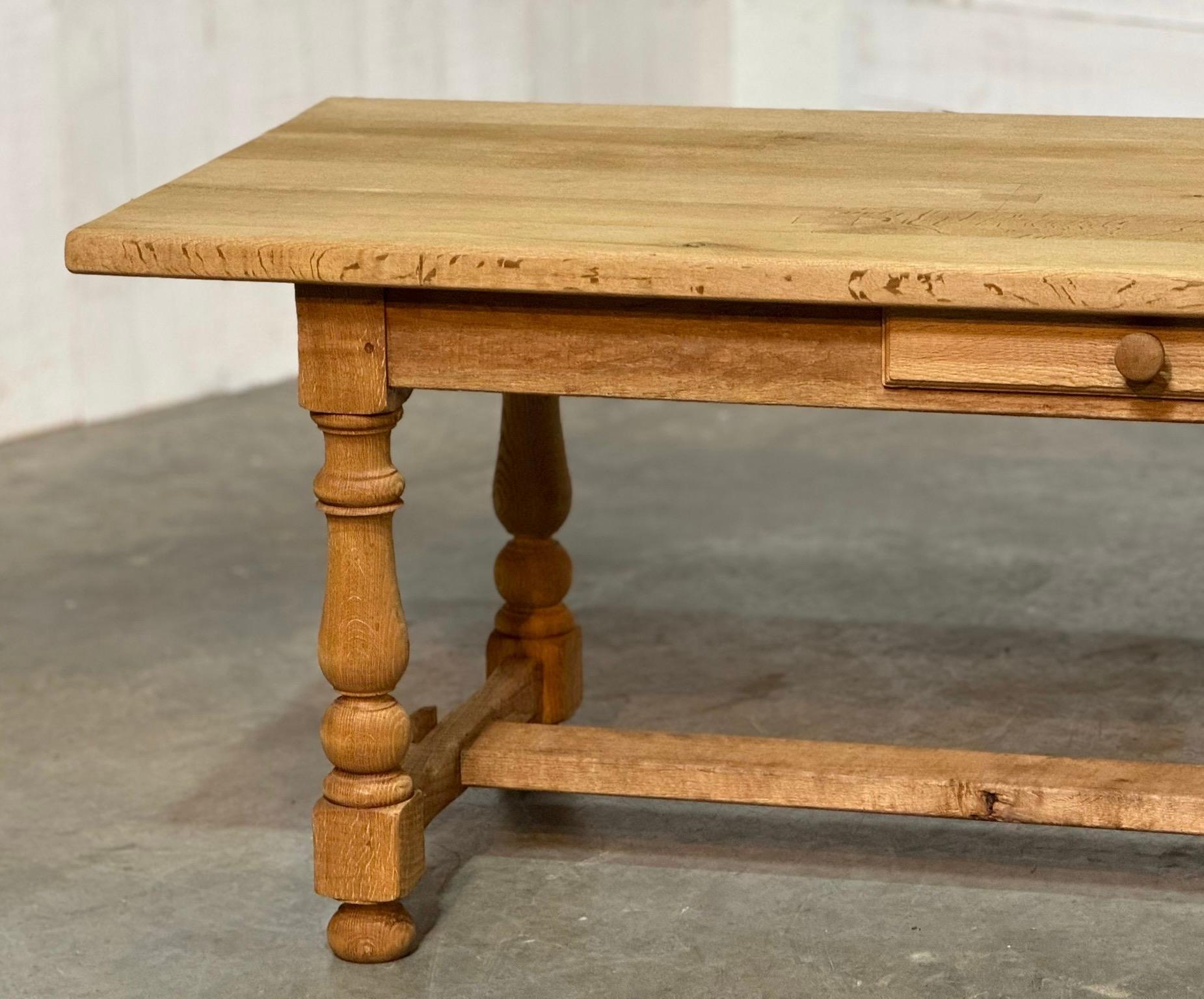 Bleached Oak Farmhouse Kitchen Dining Table with Drawer For Sale 1