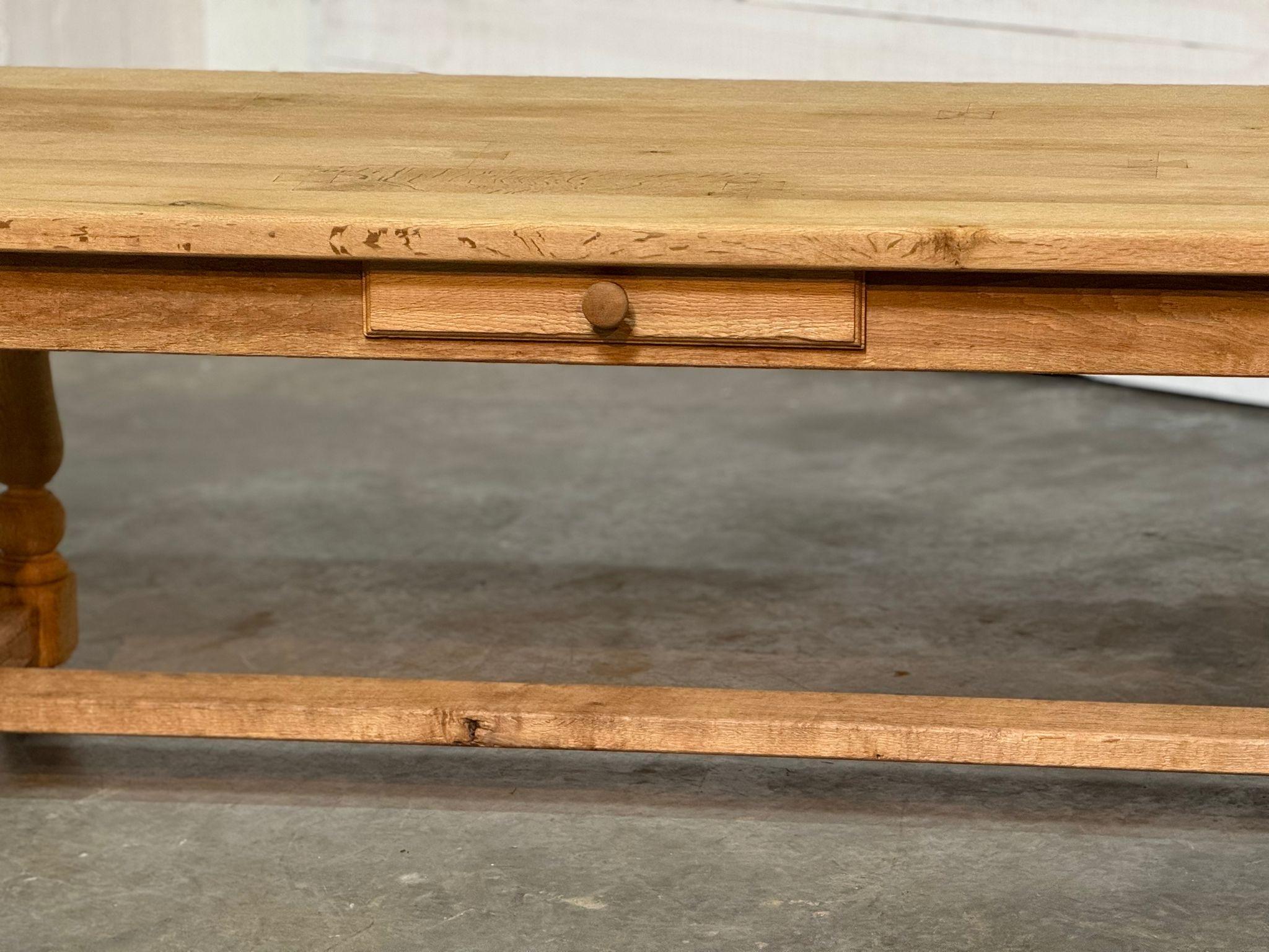 Bleached Oak Farmhouse Kitchen Dining Table with Drawer For Sale 2