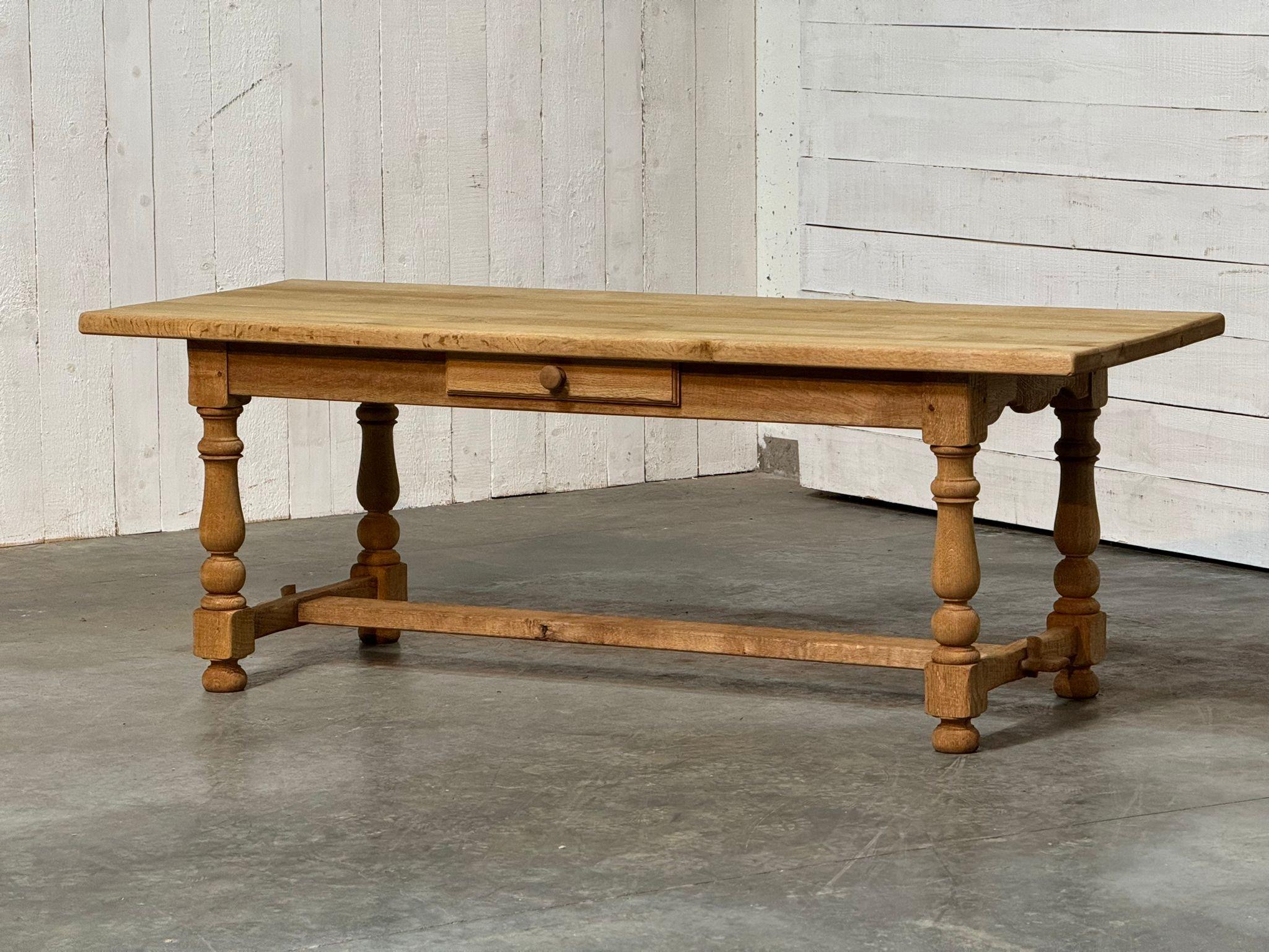 Bleached Oak Farmhouse Kitchen Dining Table with Drawer For Sale 4