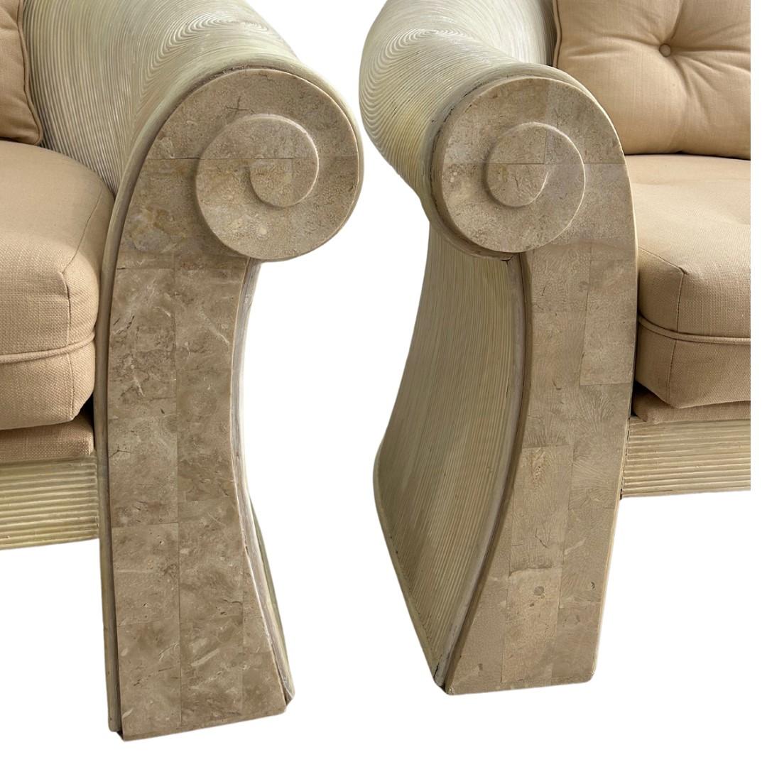 Bleached Pencil Reed & Tesselated Travertine Arm Chairs In Good Condition In Los Angeles, CA