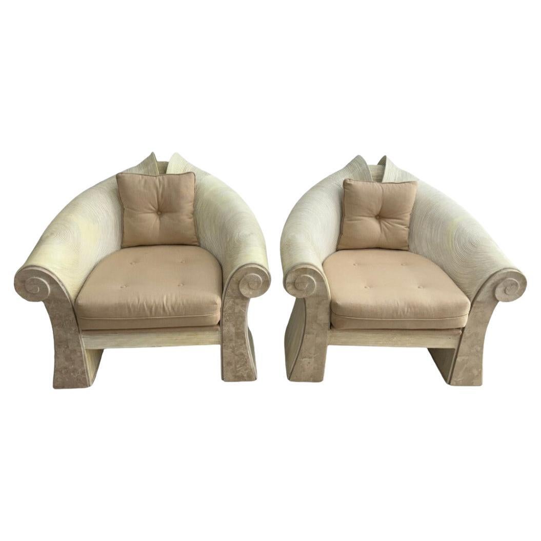 Bleached Pencil Reed & Tesselated Travertine Arm Chairs