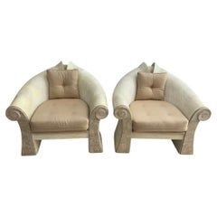 Bleached Pencil Reed & Tesselated Travertine Arm Chairs