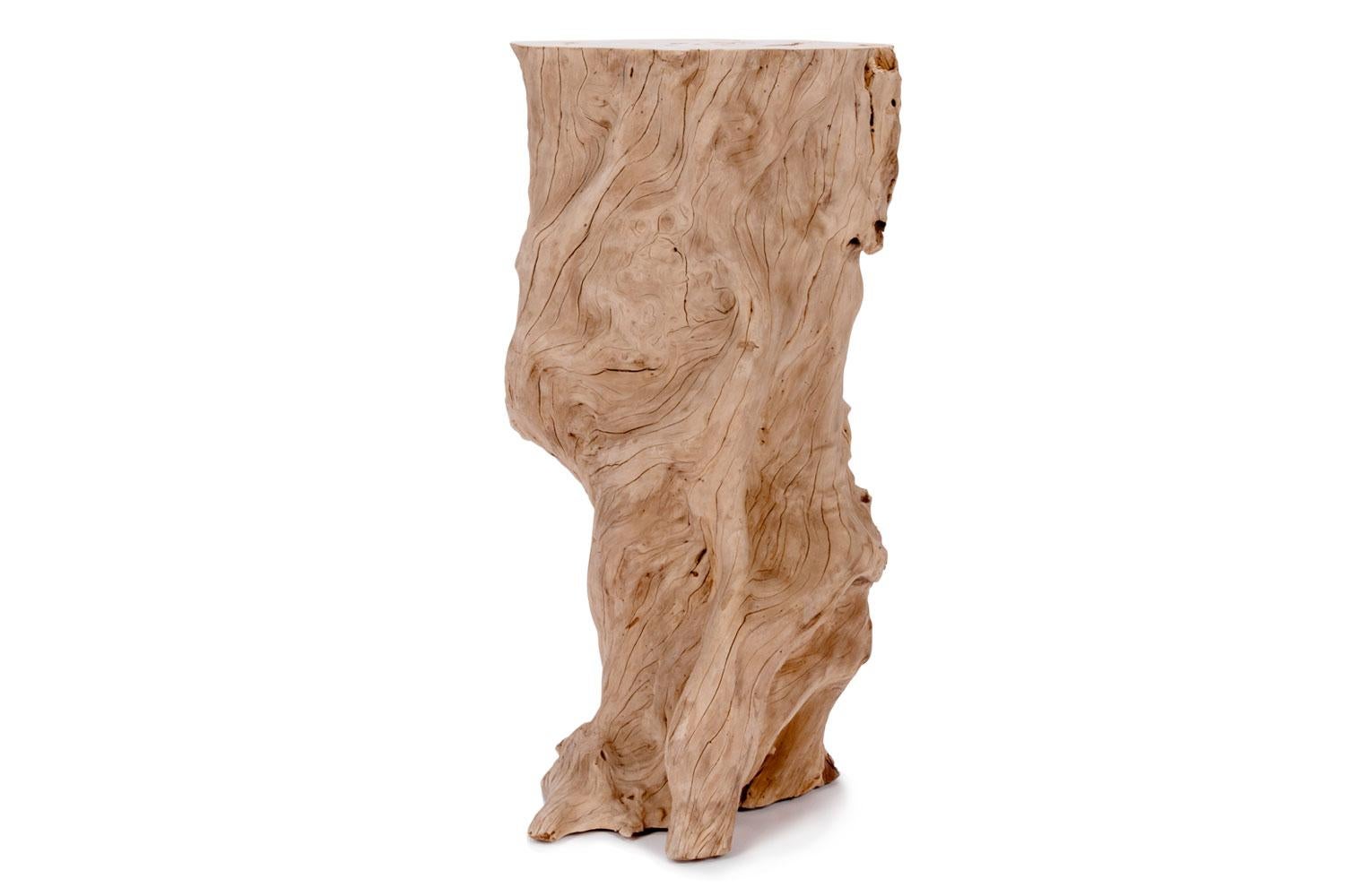 These solid Plumeria wood pedestals are one of a kind and perfect for displaying art or planters and also make a beautiful sculptural statement without displayed items. Work wonderfully as an organic, hand-made element in modern spaces.

Each