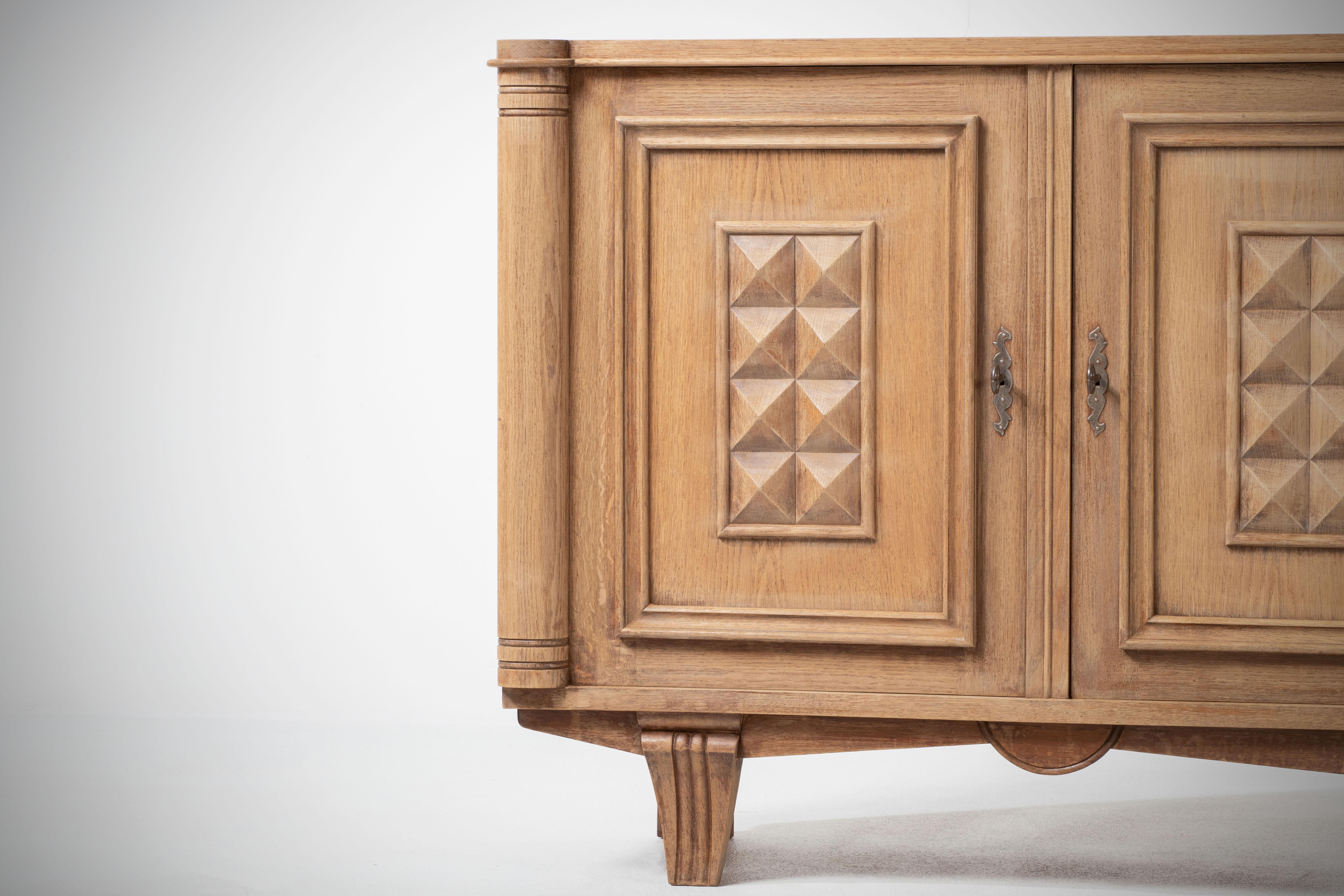 Bleached Solid Oak Cabinet with Graphic Details, France, 1940s 4