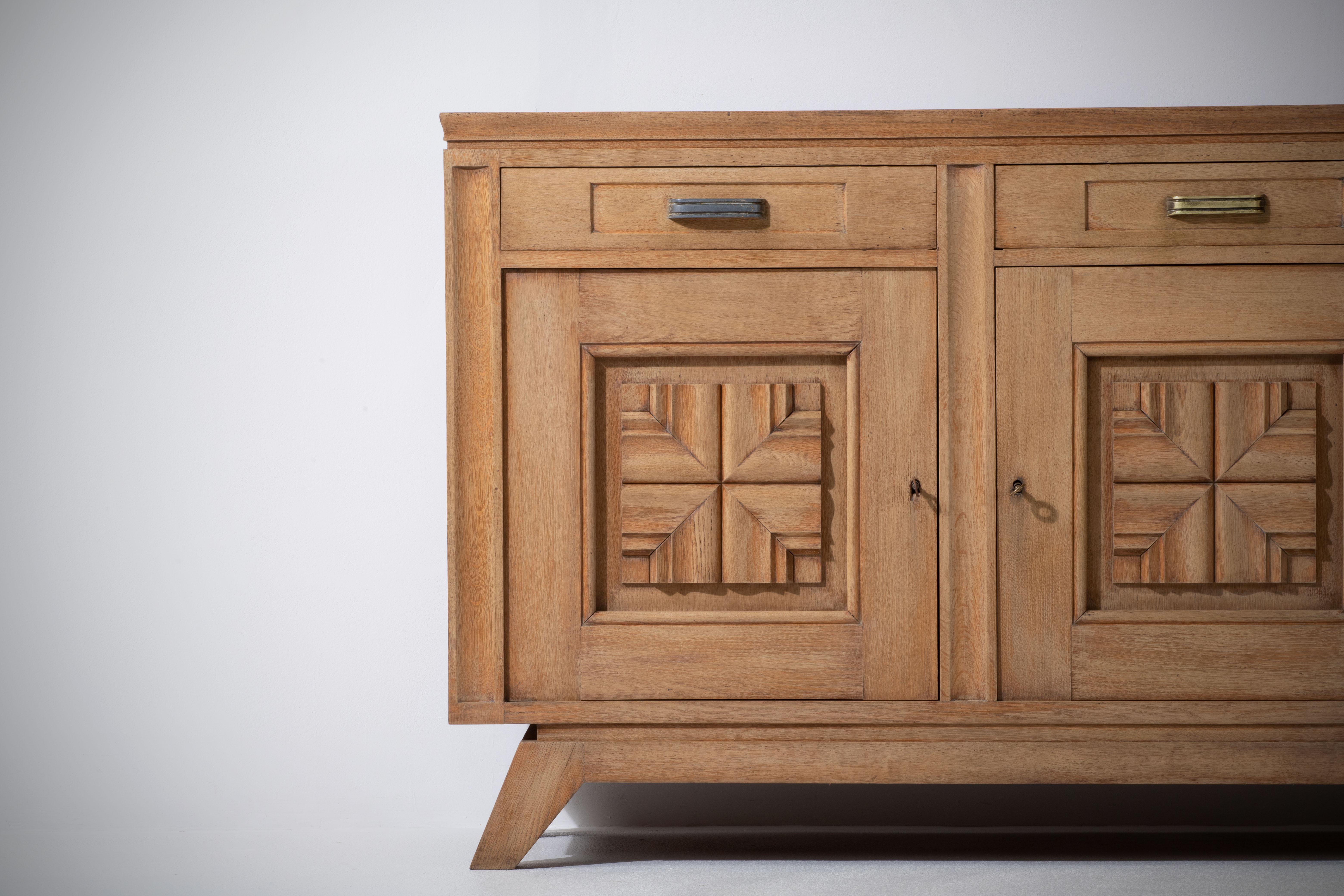 Bleached Solid Oak Cabinet with Graphic Details, France, 1940s For Sale 6