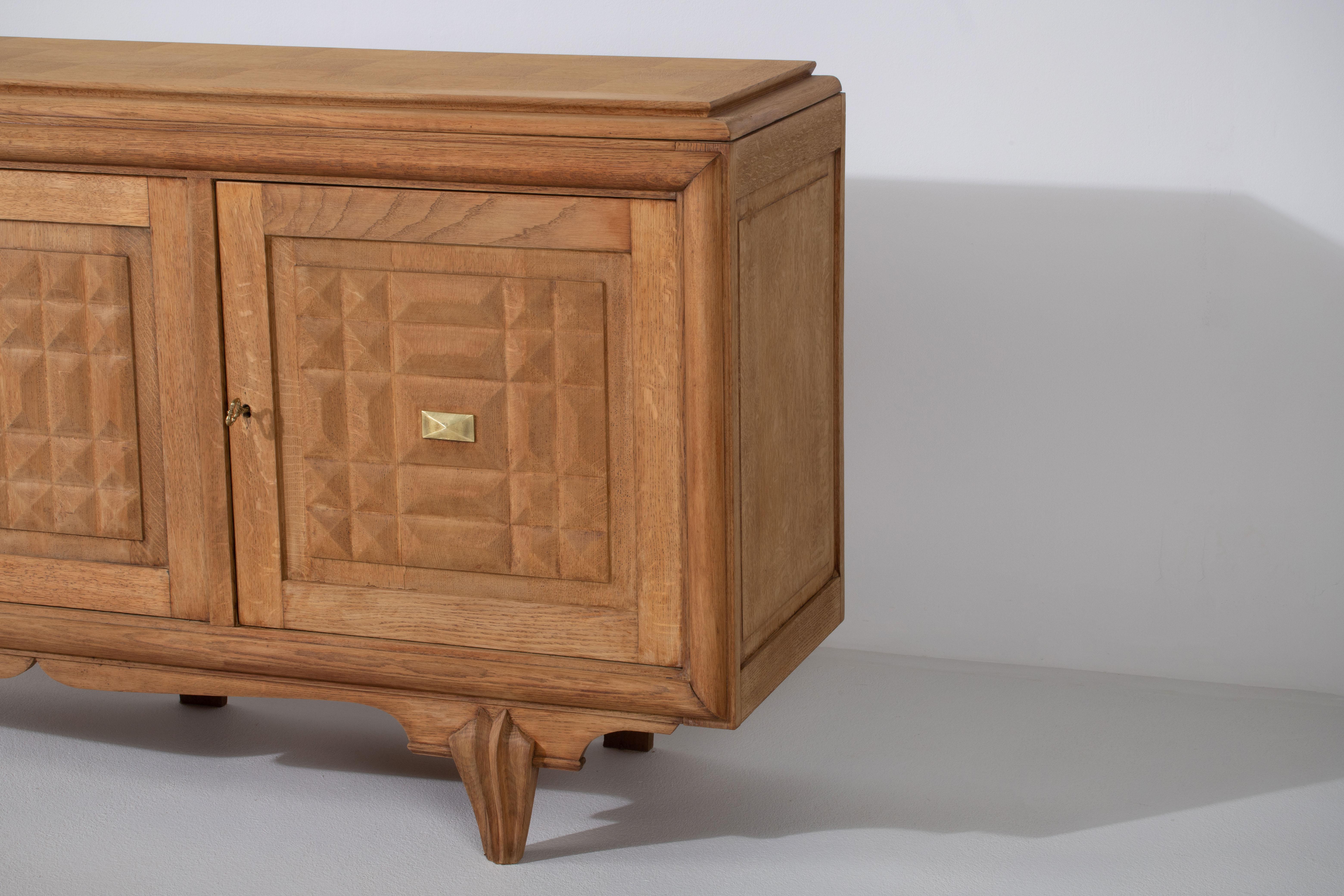 Bleached Solid Oak Cabinet with Graphic Details, France, 1940s 6