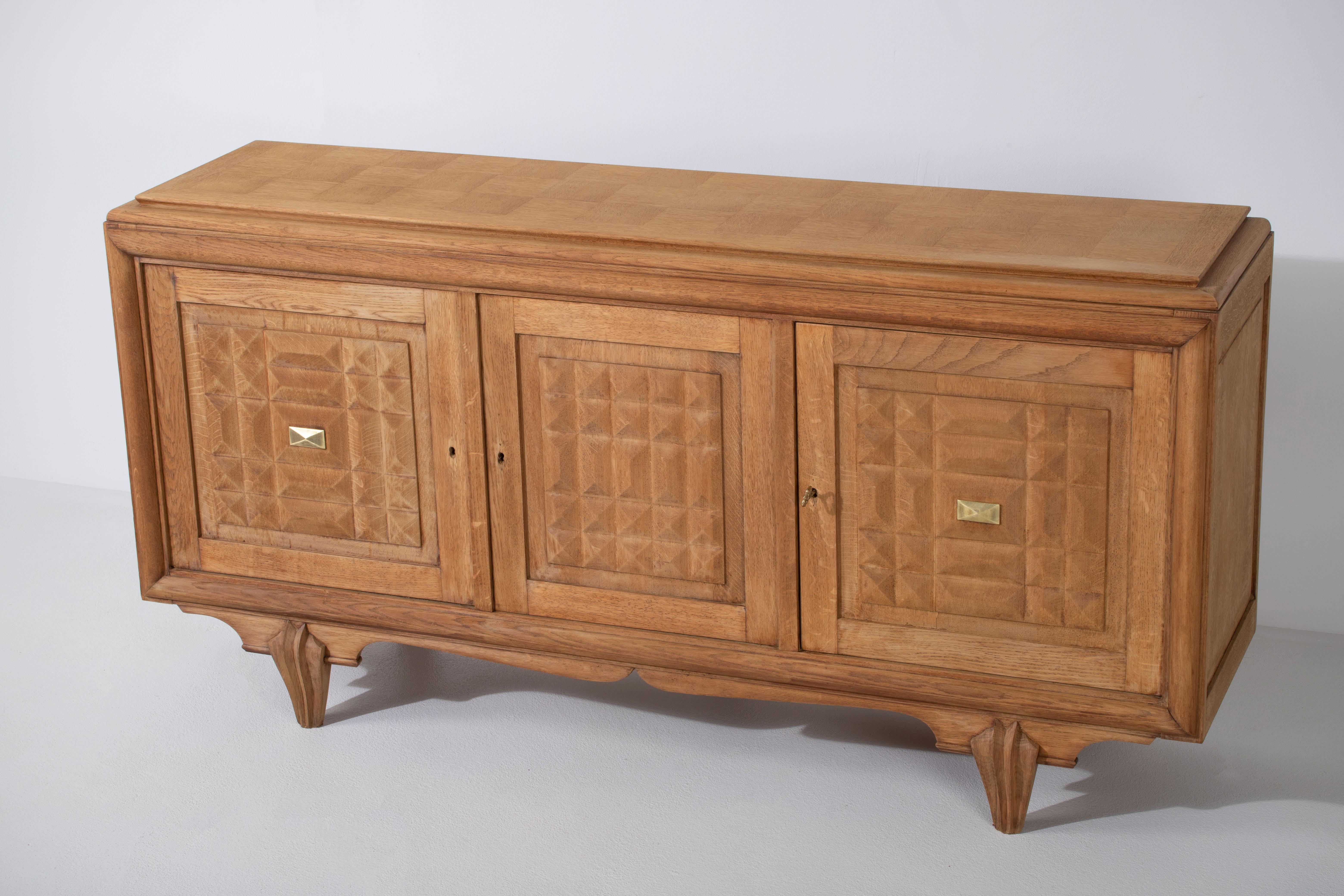 Bleached Solid Oak Cabinet with Graphic Details, France, 1940s 7