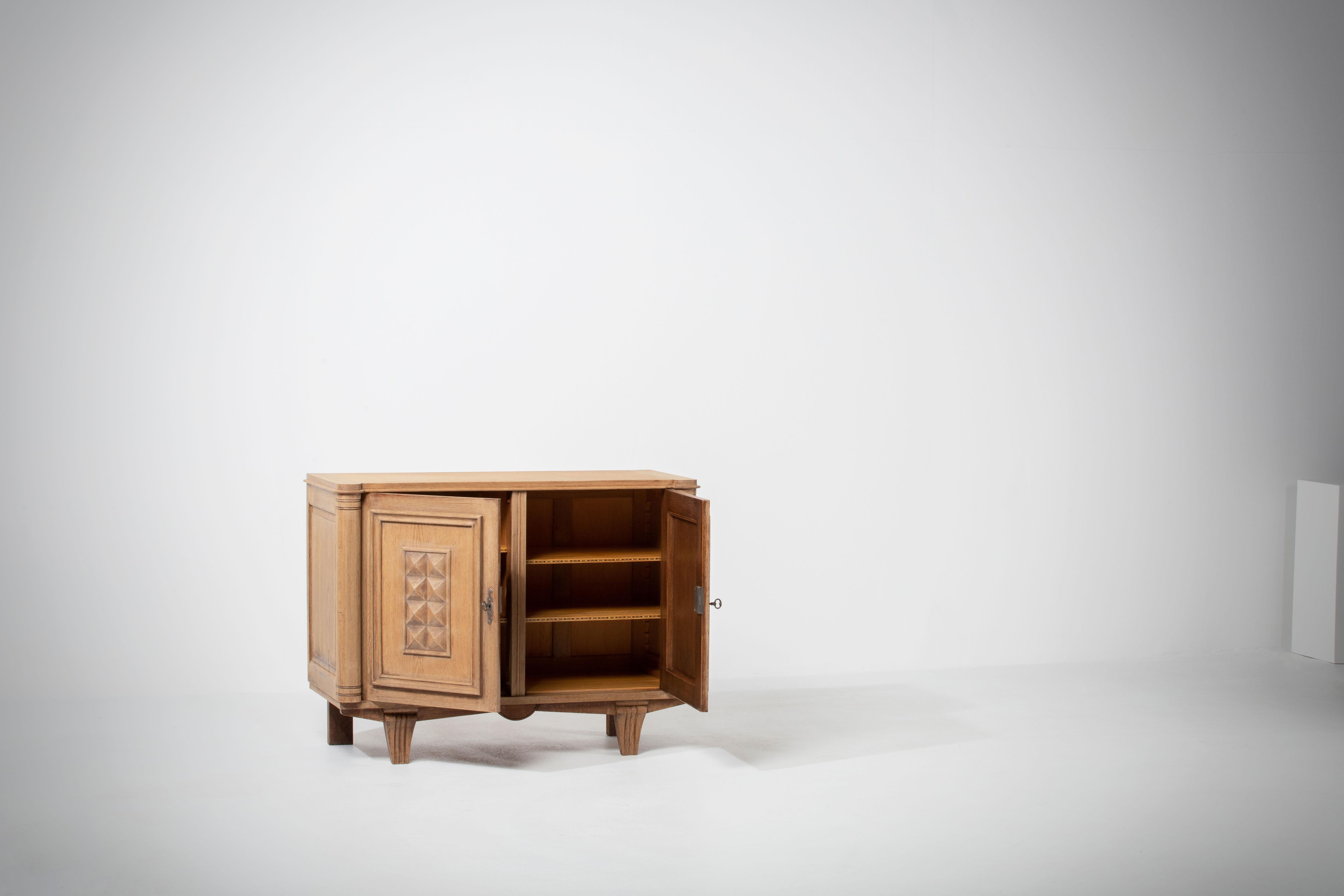 Art Deco Bleached Solid Oak Cabinet with Graphic Details, France, 1940s