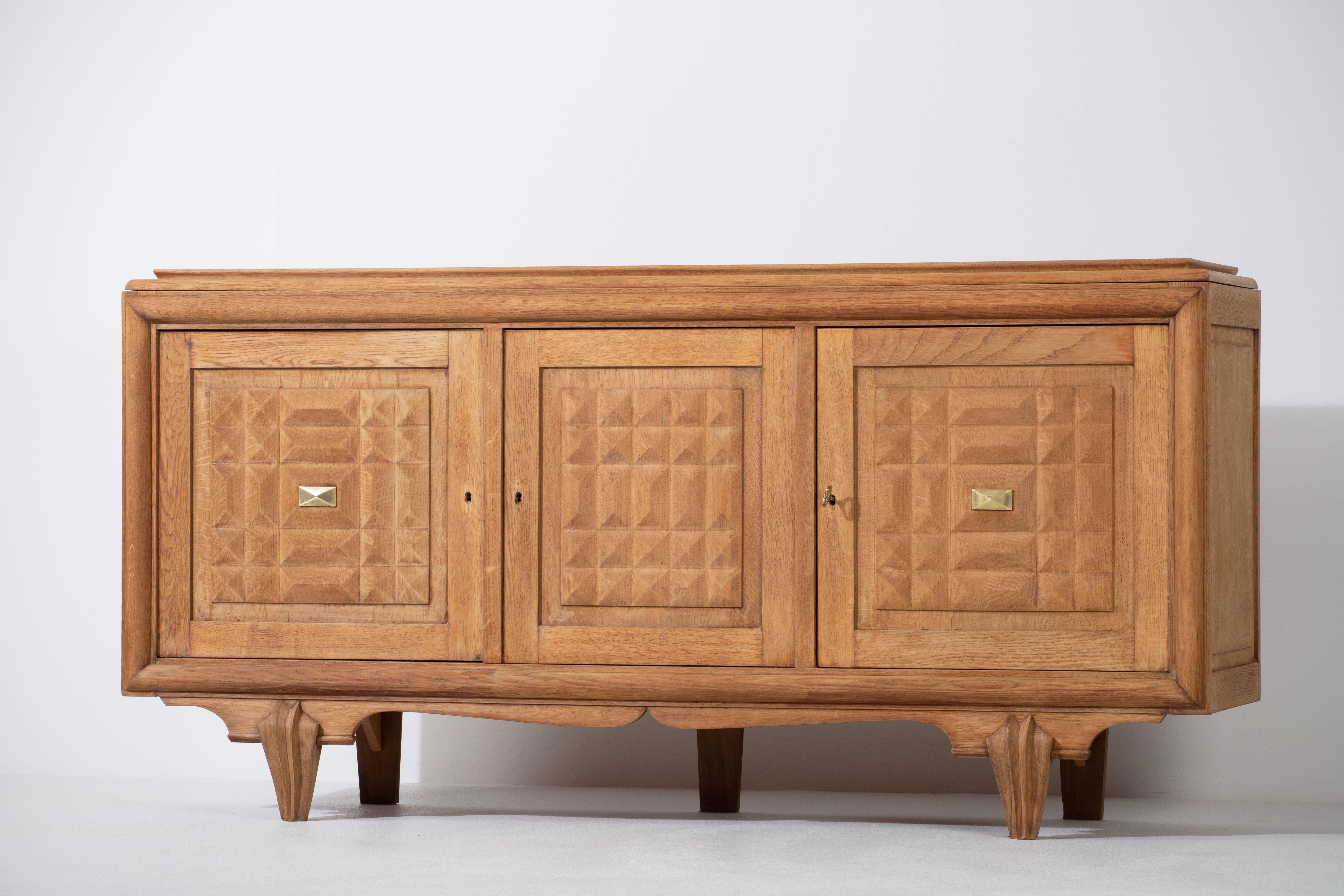 Bleached Solid Oak Cabinet with Graphic Details, France, 1940s 1