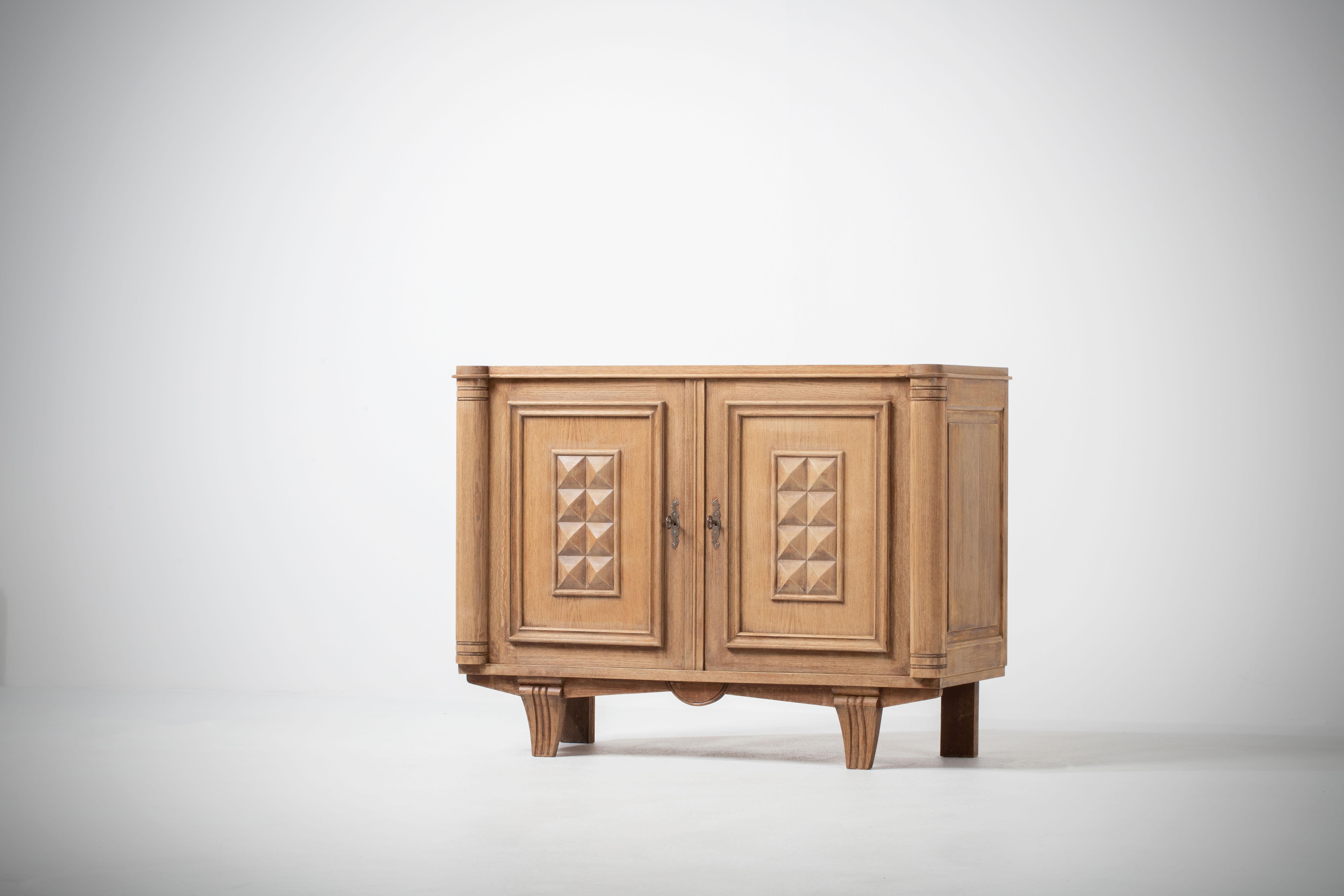 Bleached Solid Oak Cabinet with Graphic Details, France, 1940s 2