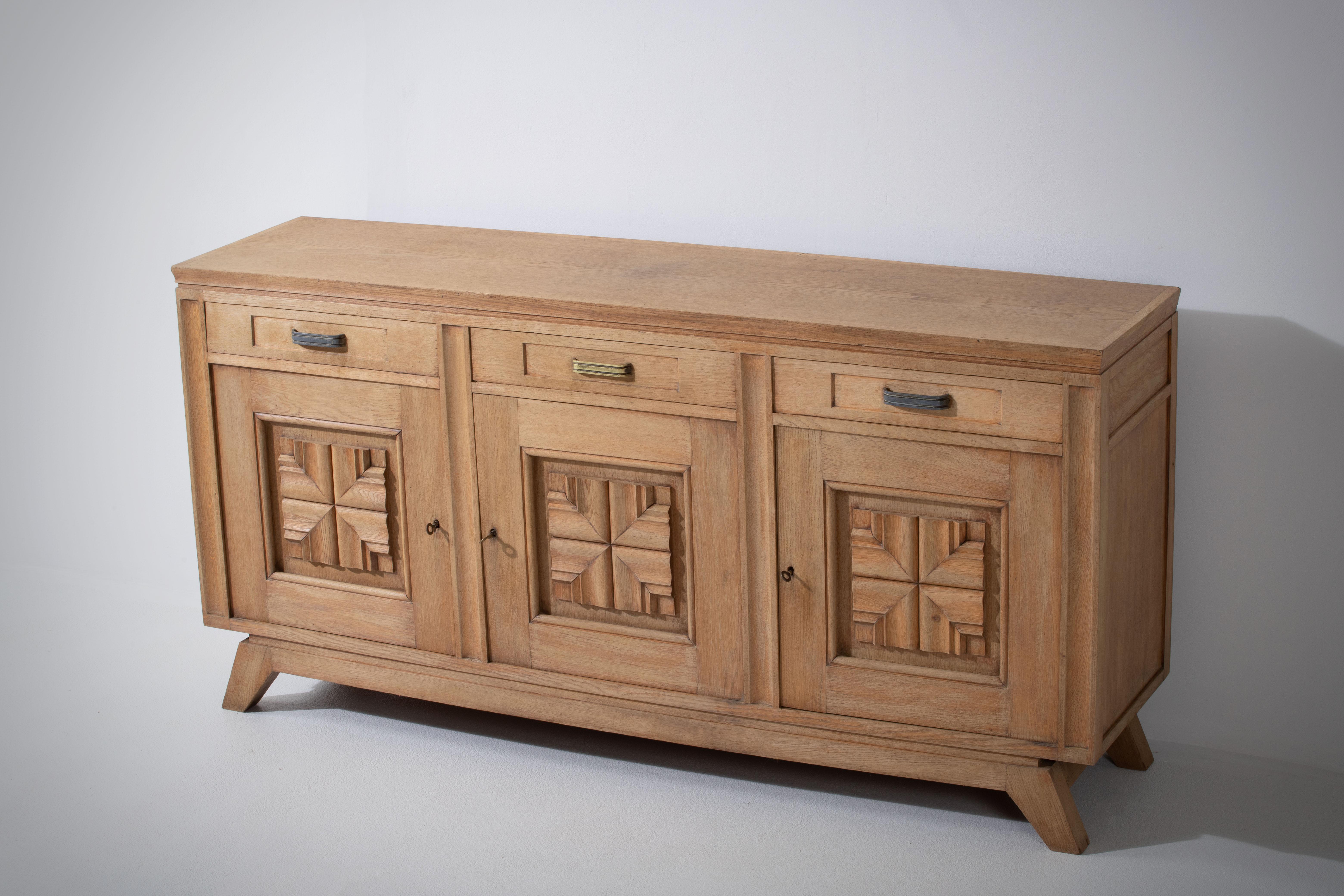 Bleached Solid Oak Cabinet with Graphic Details, France, 1940s For Sale 2