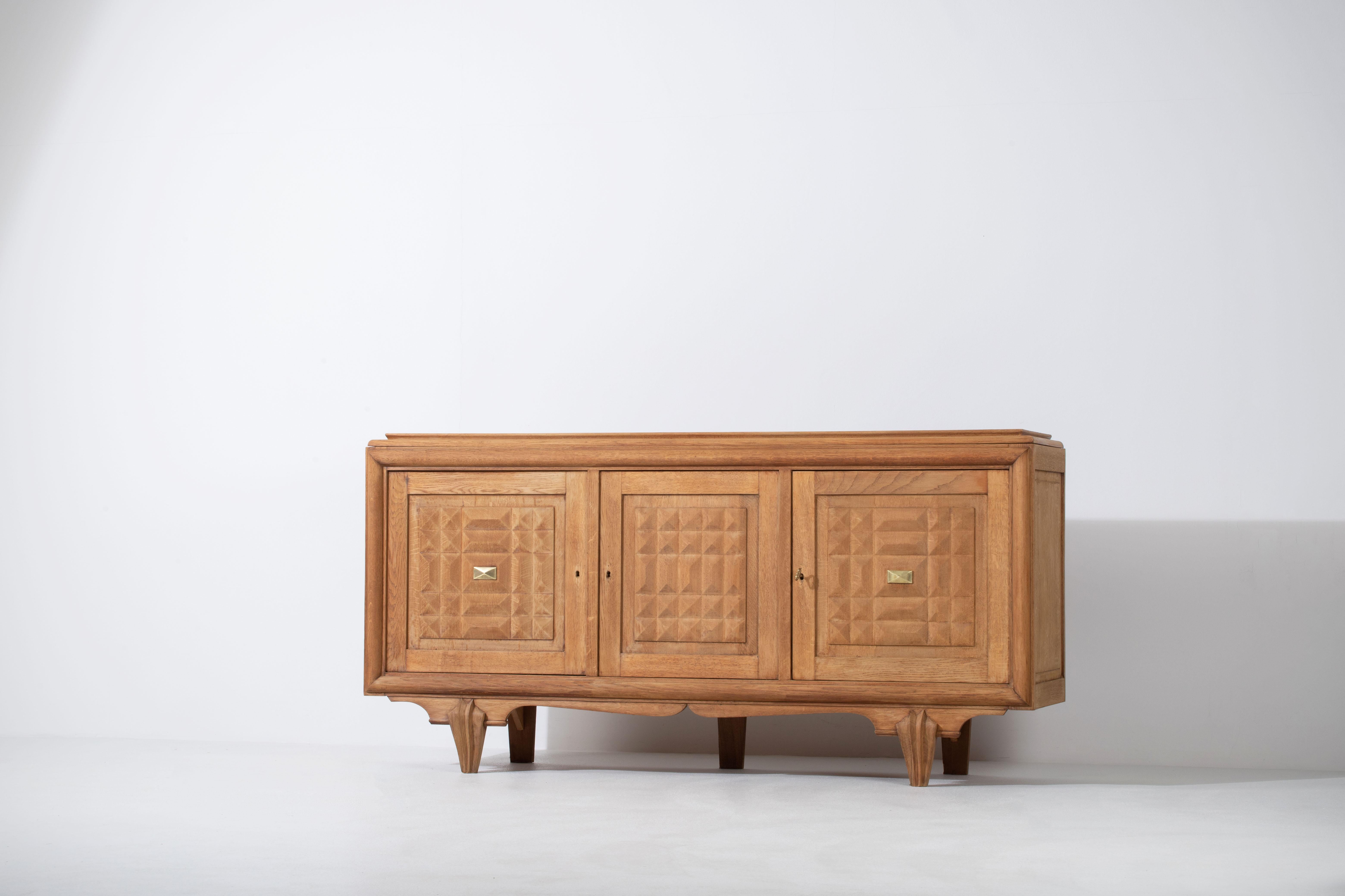 Bleached Solid Oak Cabinet with Graphic Details, France, 1940s 2