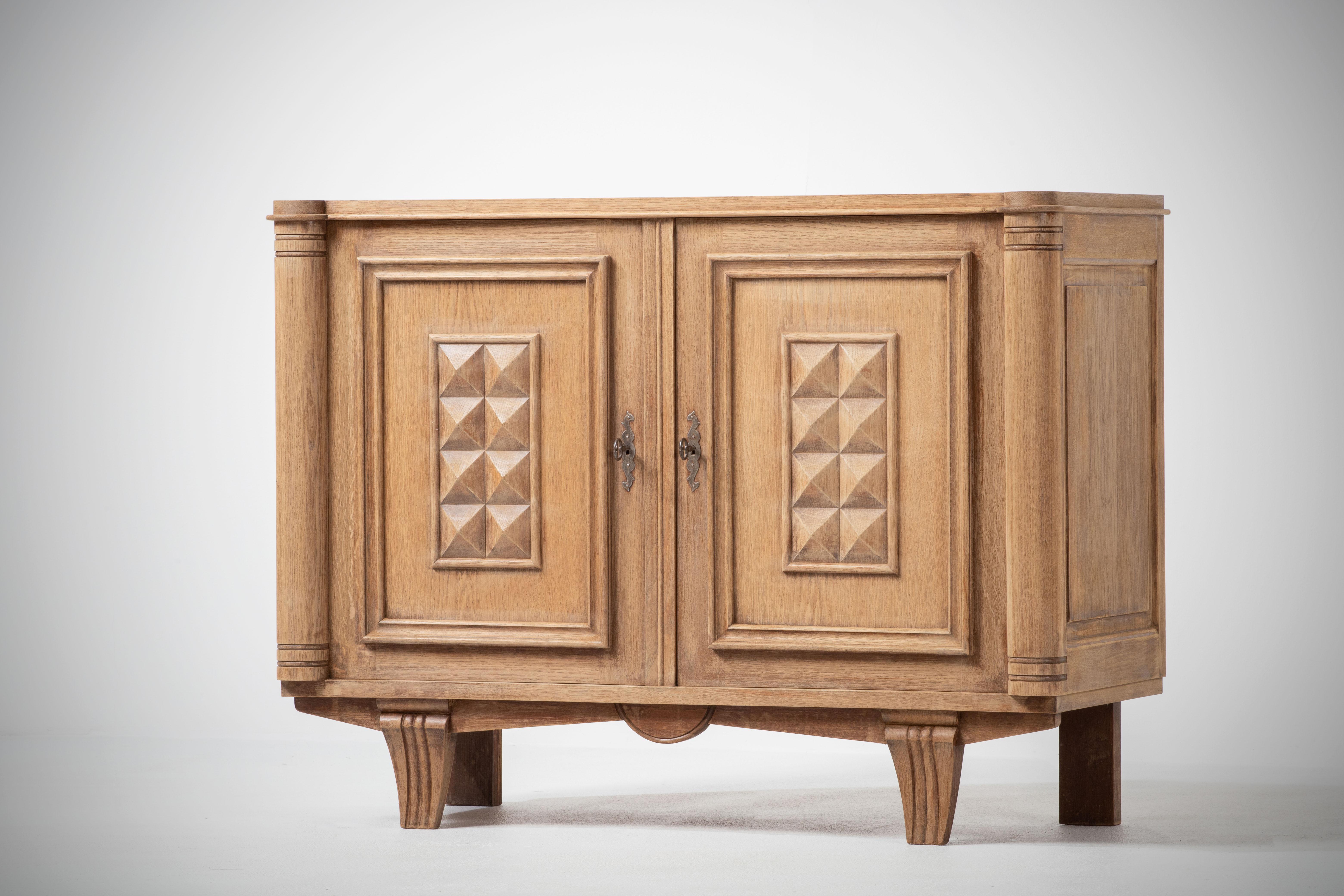 Bleached Solid Oak Cabinet with Graphic Details, France, 1940s 3