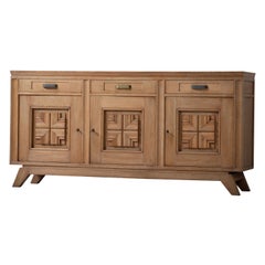Bleached Solid Oak Cabinet with Graphic Details, France, 1940s