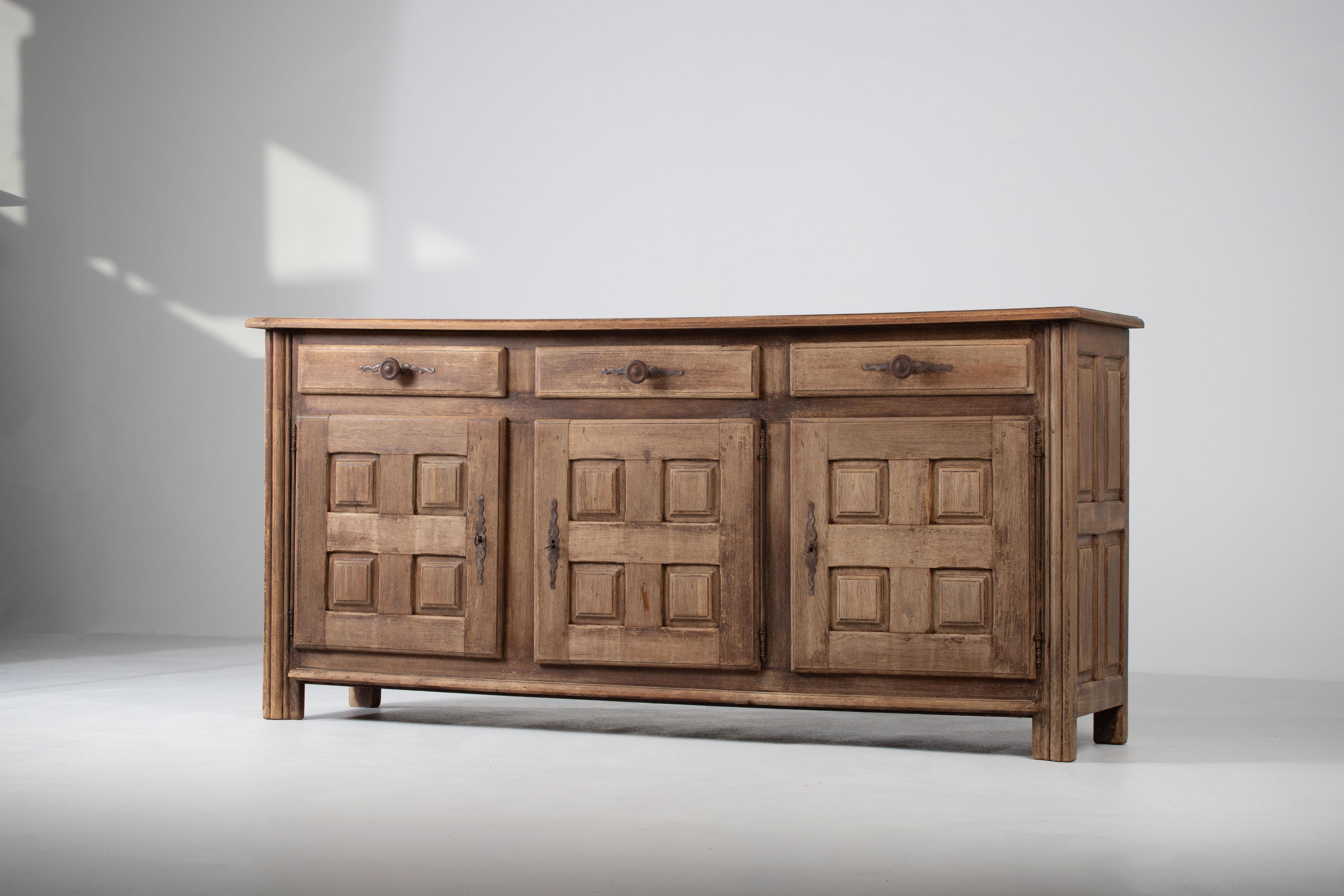 French Bleached Solid Oak Credenza, France, 1930s