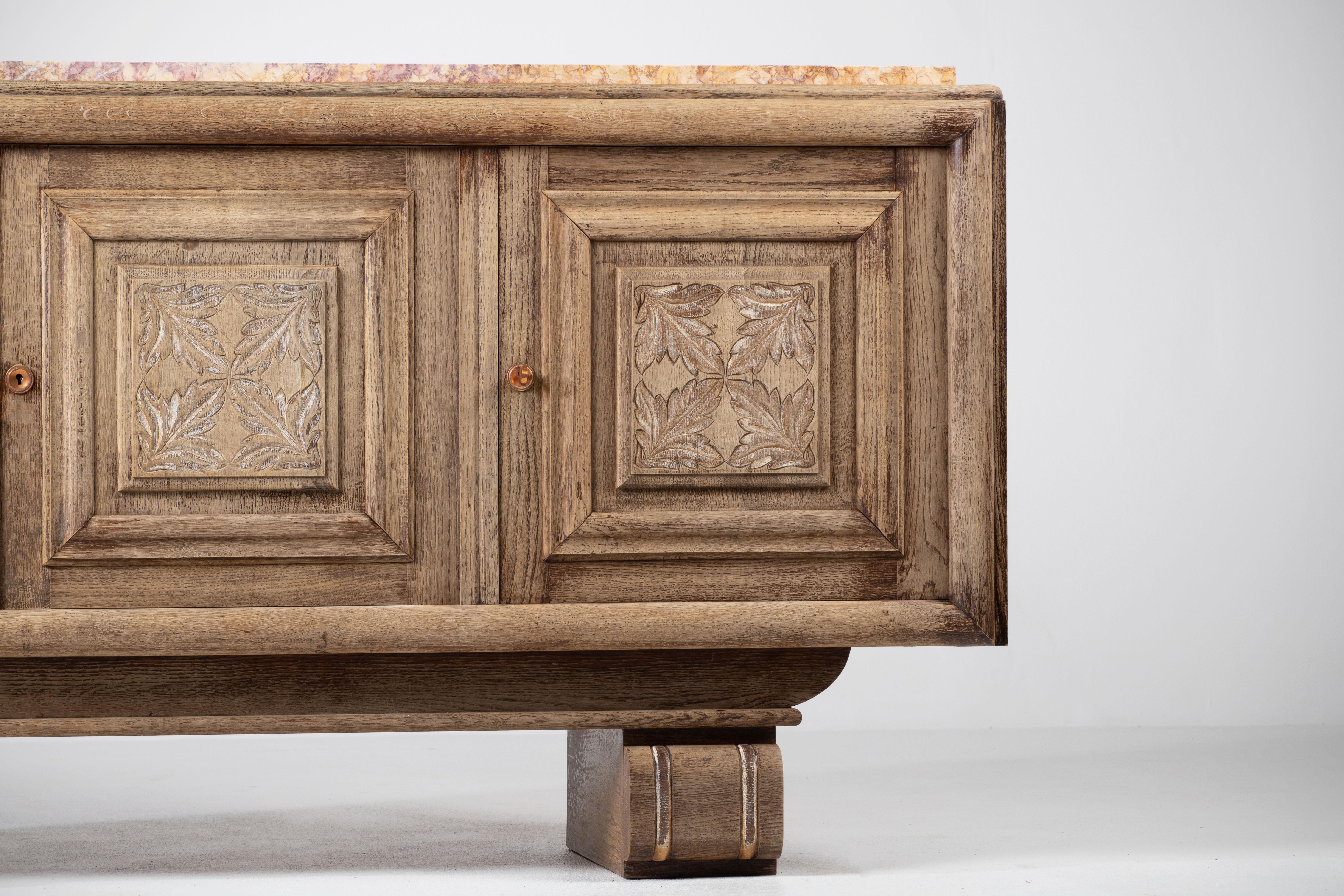 Bleached Solid Oak Credenza, France, 1940s 7