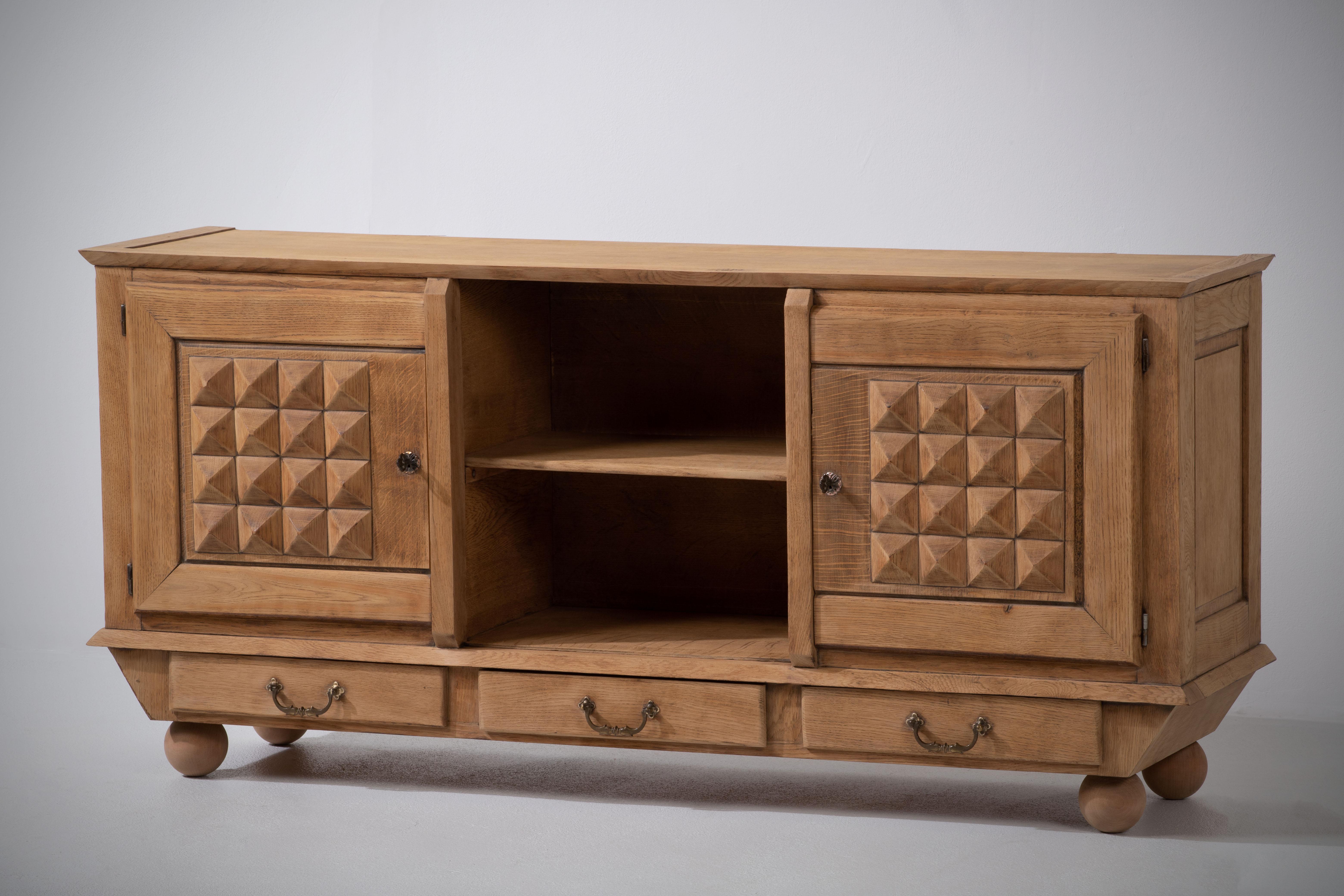 Bleached Solid Oak Credenza, France, 1940s For Sale 7