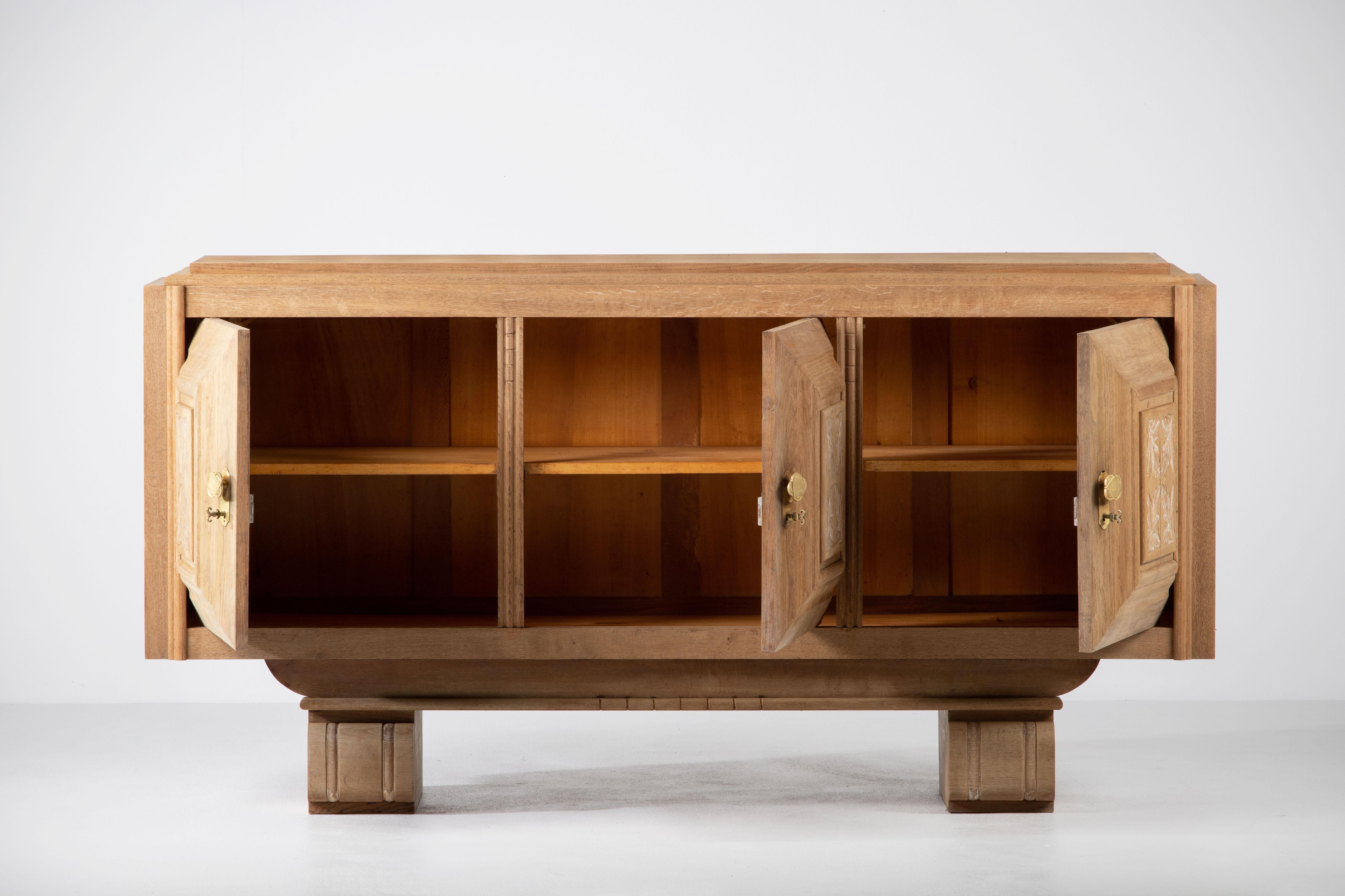 Art Deco Bleached Solid Oak Credenza, France, 1940s