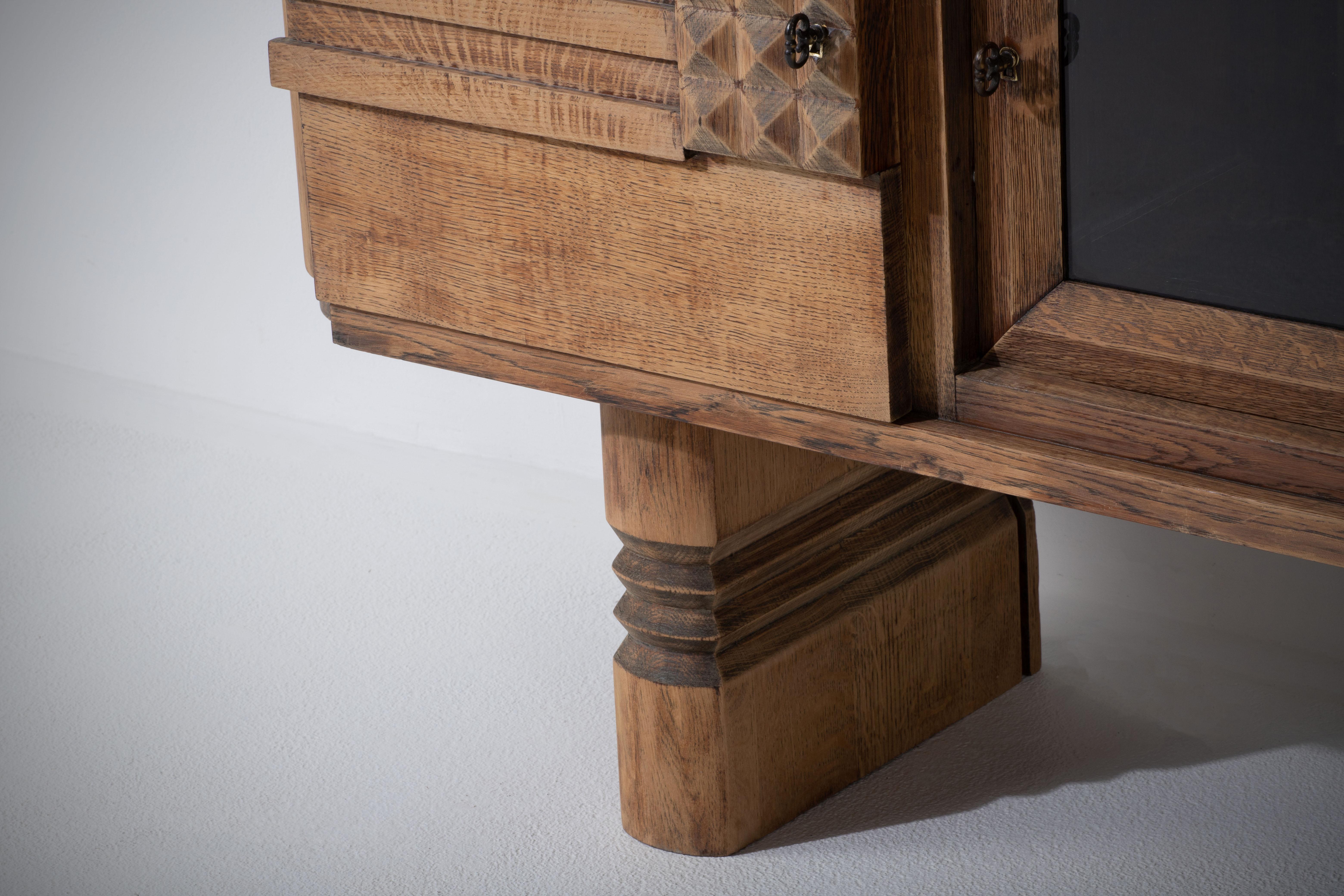 Art Deco Bleached Solid Oak Credenza, France, 1940s