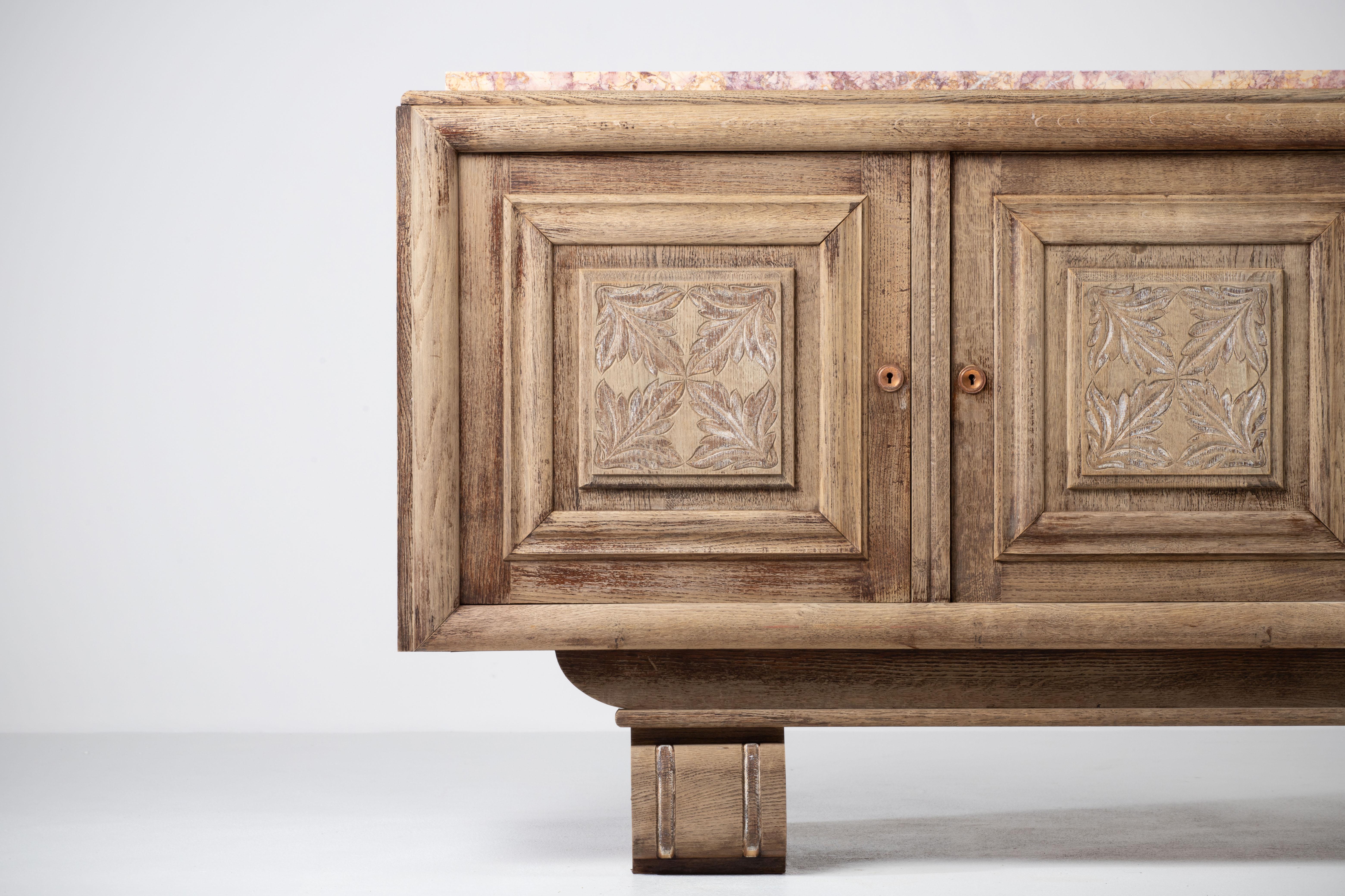 French Bleached Solid Oak Credenza, France, 1940s