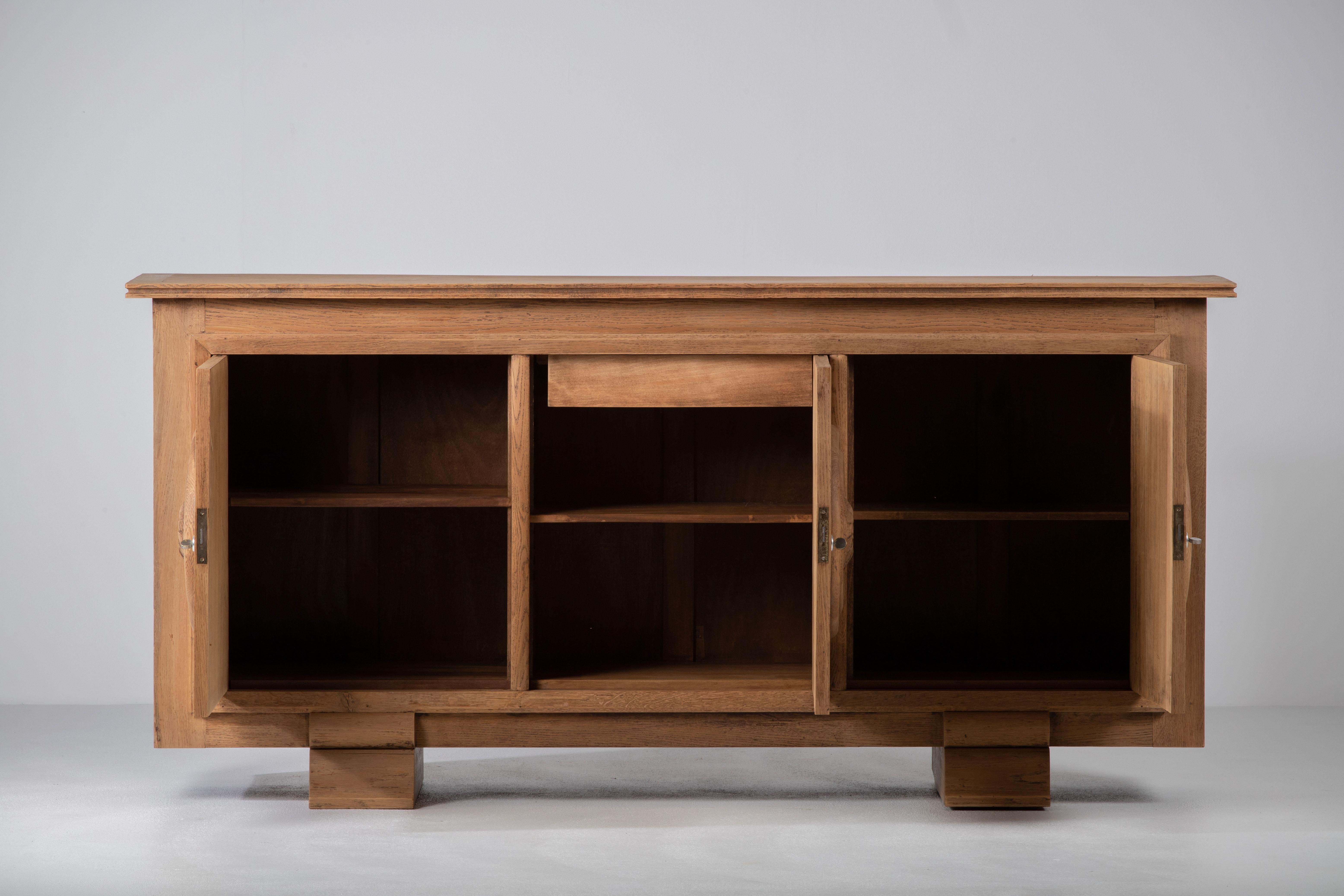 French Bleached Solid Oak Credenza, France, 1940s