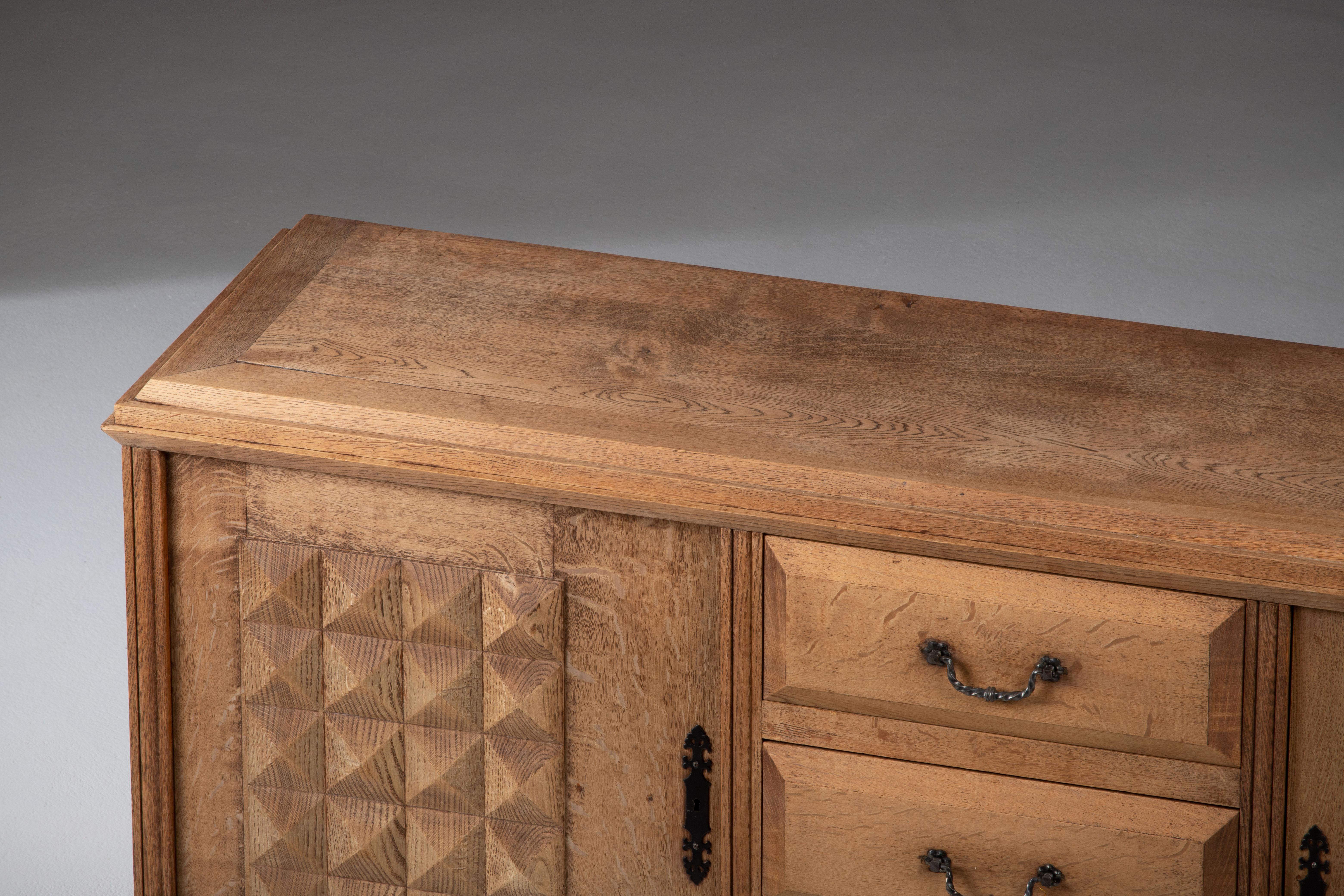 French Bleached Solid Oak Credenza, France, 1940s For Sale