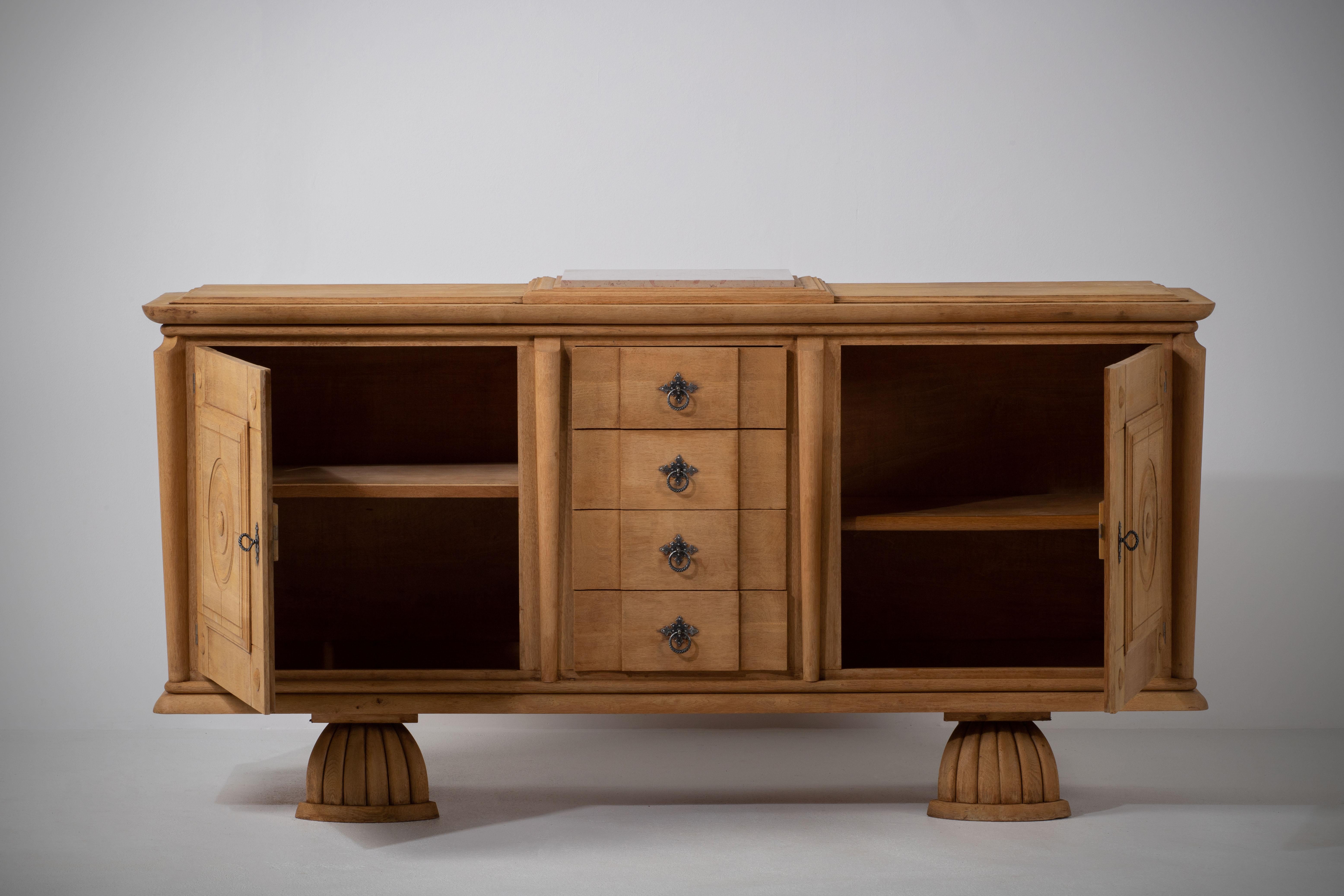 French Bleached Solid Oak Credenza, France, 1940s