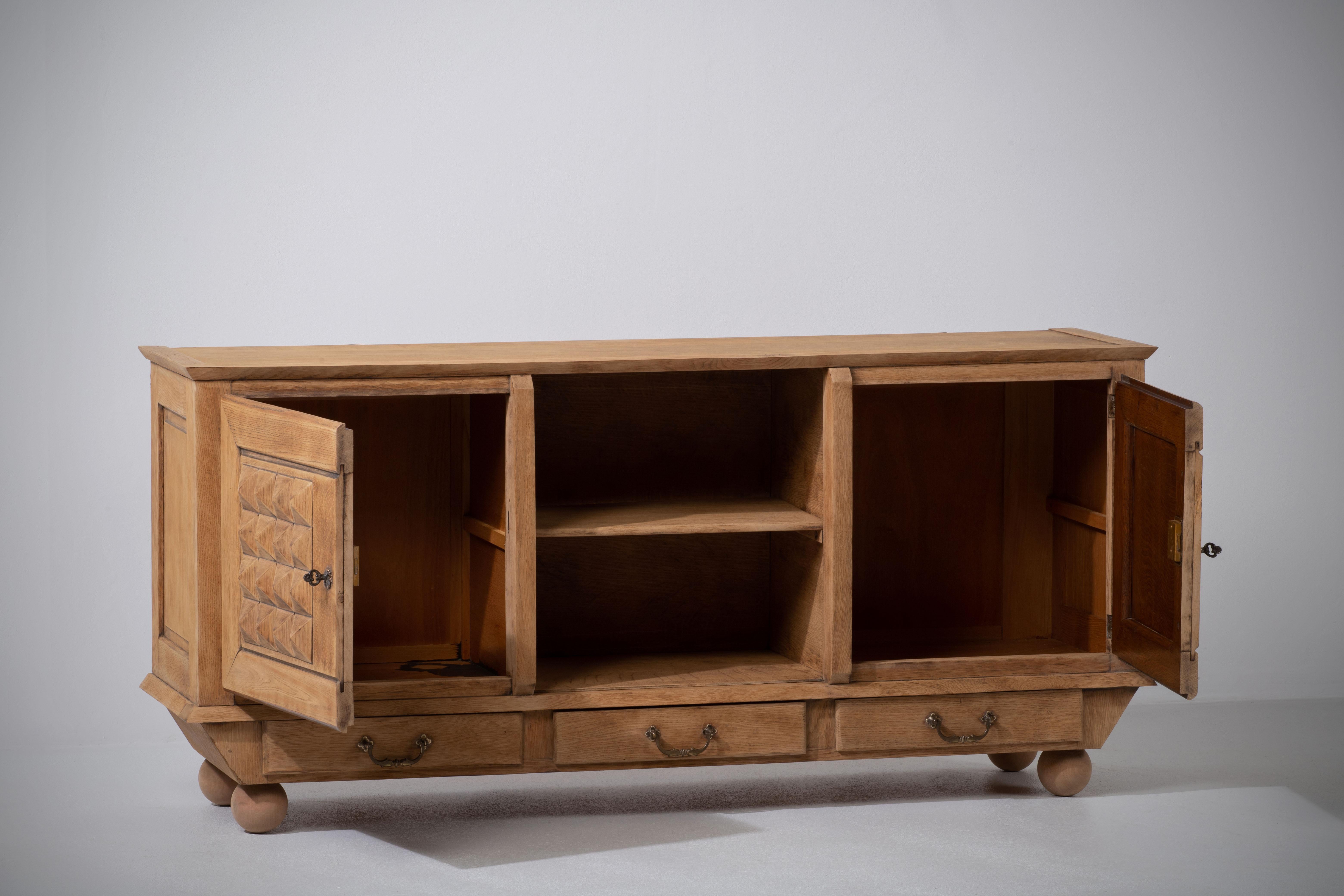 French Bleached Solid Oak Credenza, France, 1940s For Sale