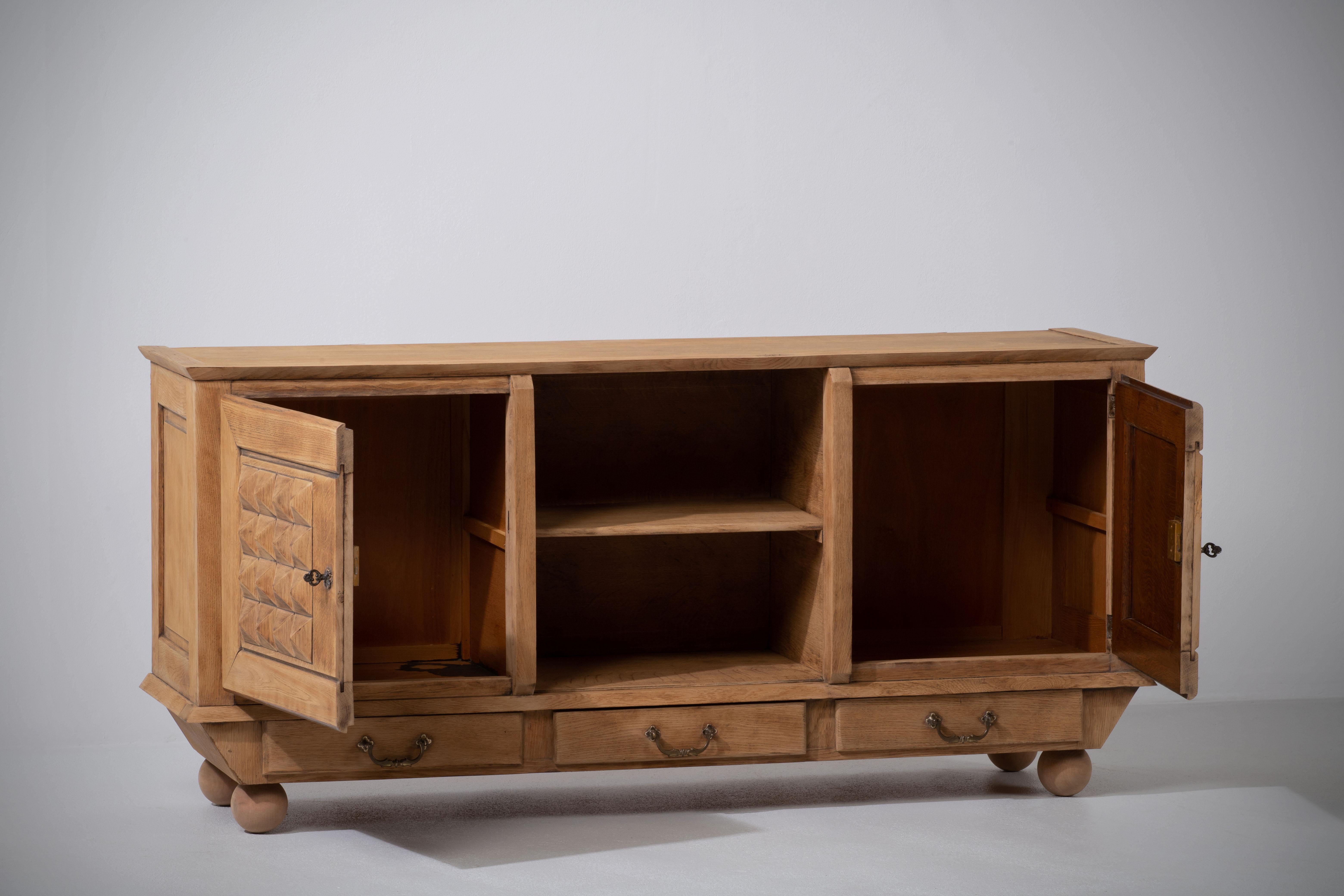 French Bleached Solid Oak Credenza, France, 1940s
