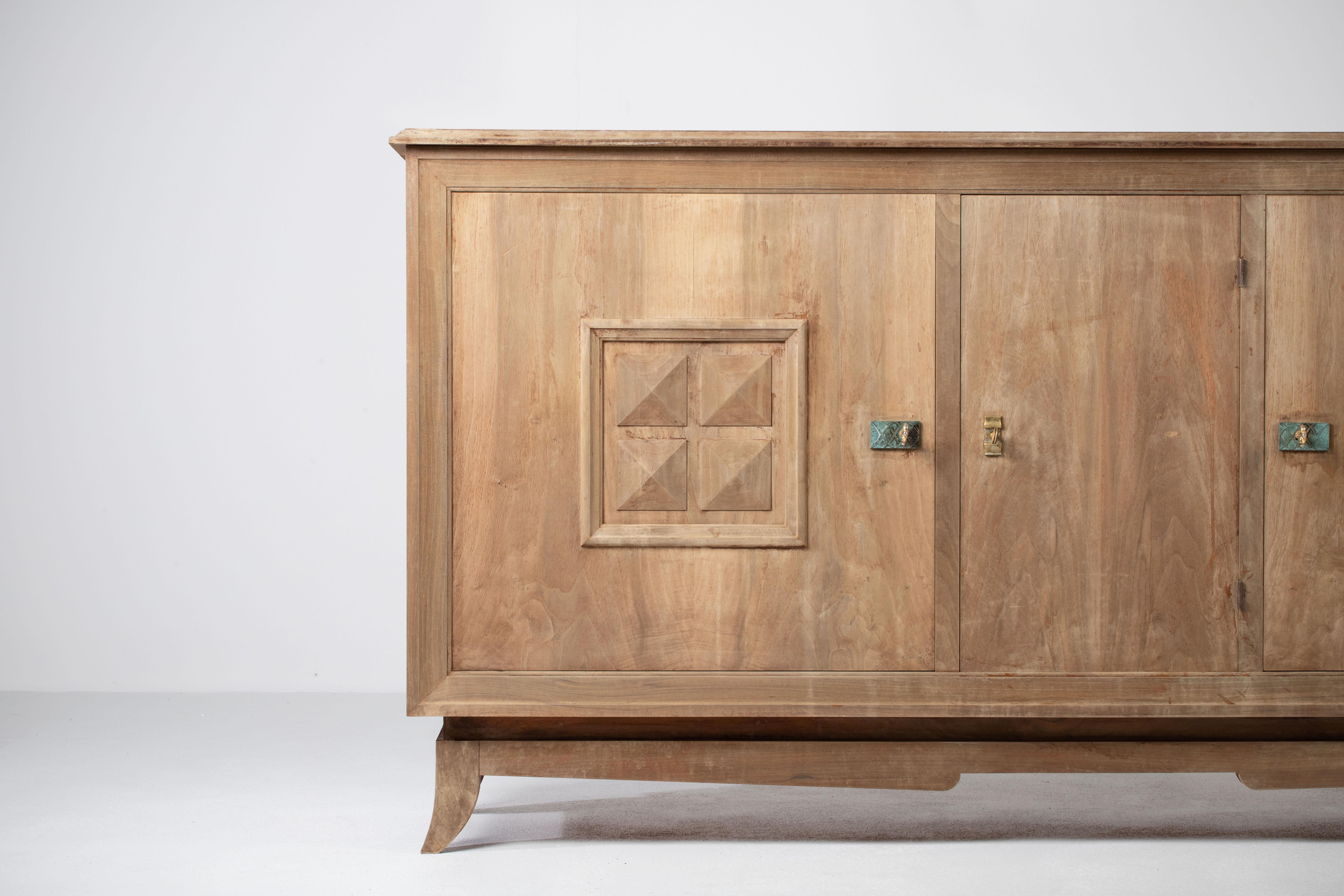 Mid-20th Century Bleached Solid Oak Credenza, France, 1940s