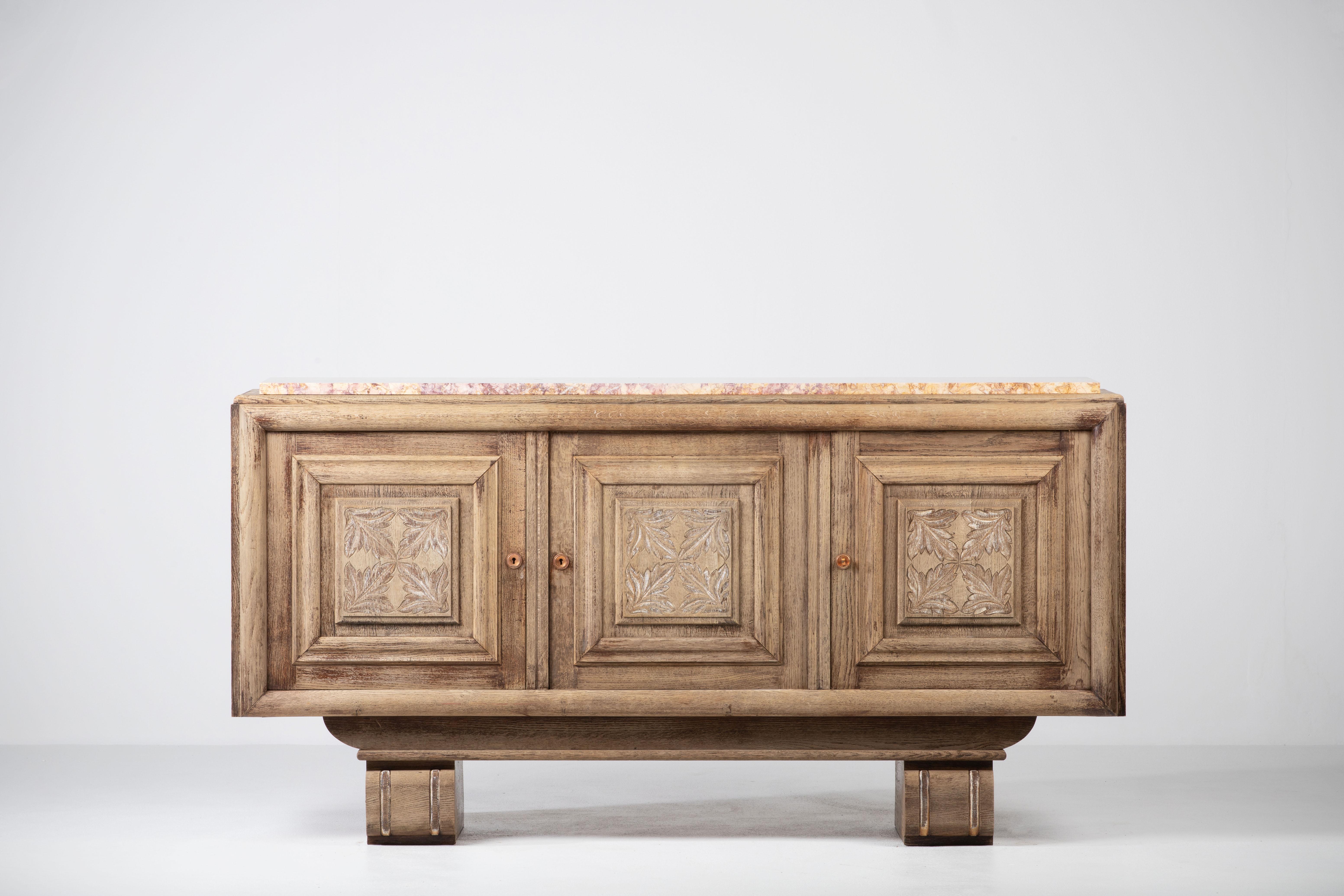 Mid-20th Century Bleached Solid Oak Credenza, France, 1940s