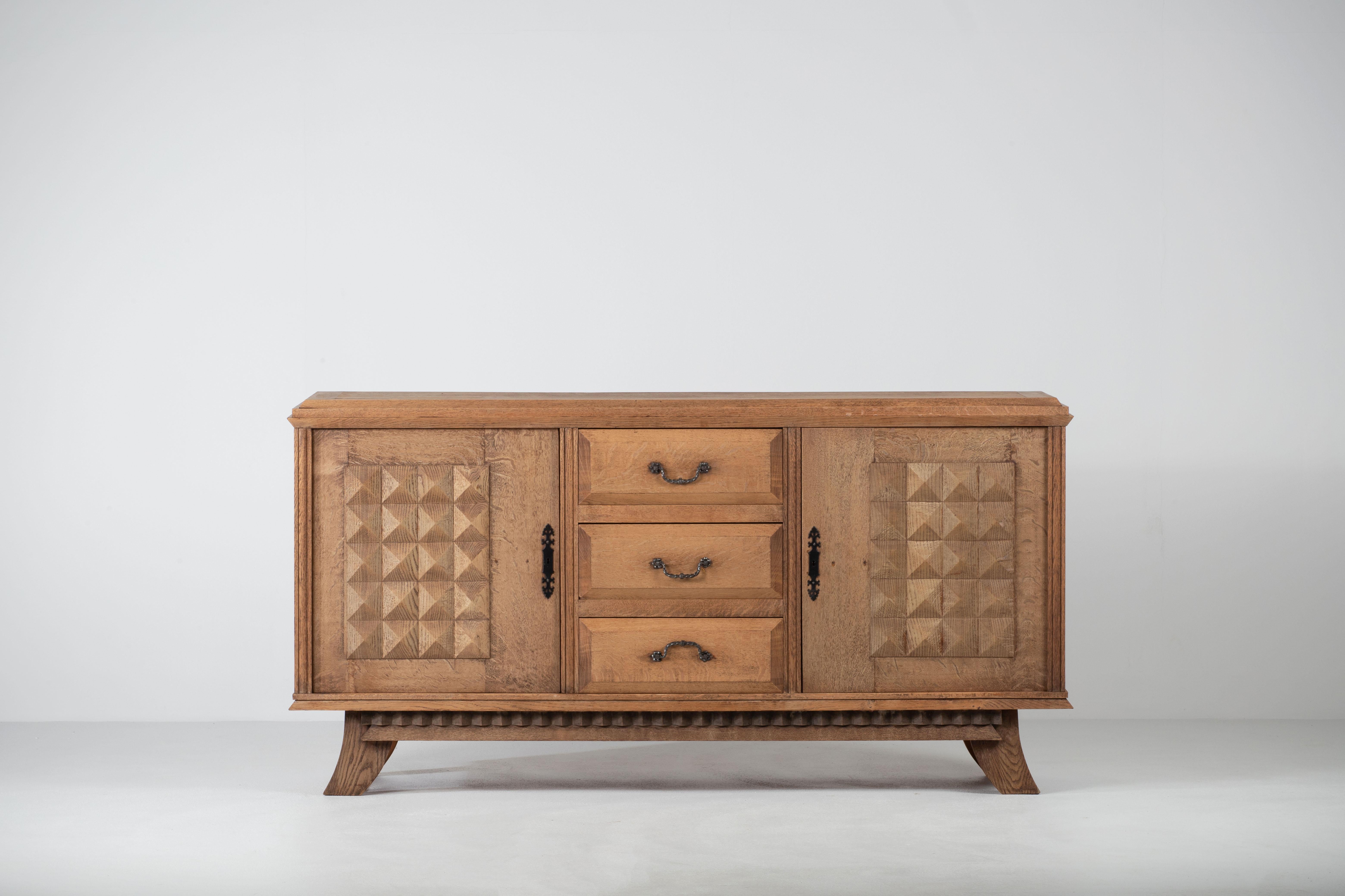 Mid-20th Century Bleached Solid Oak Credenza, France, 1940s For Sale