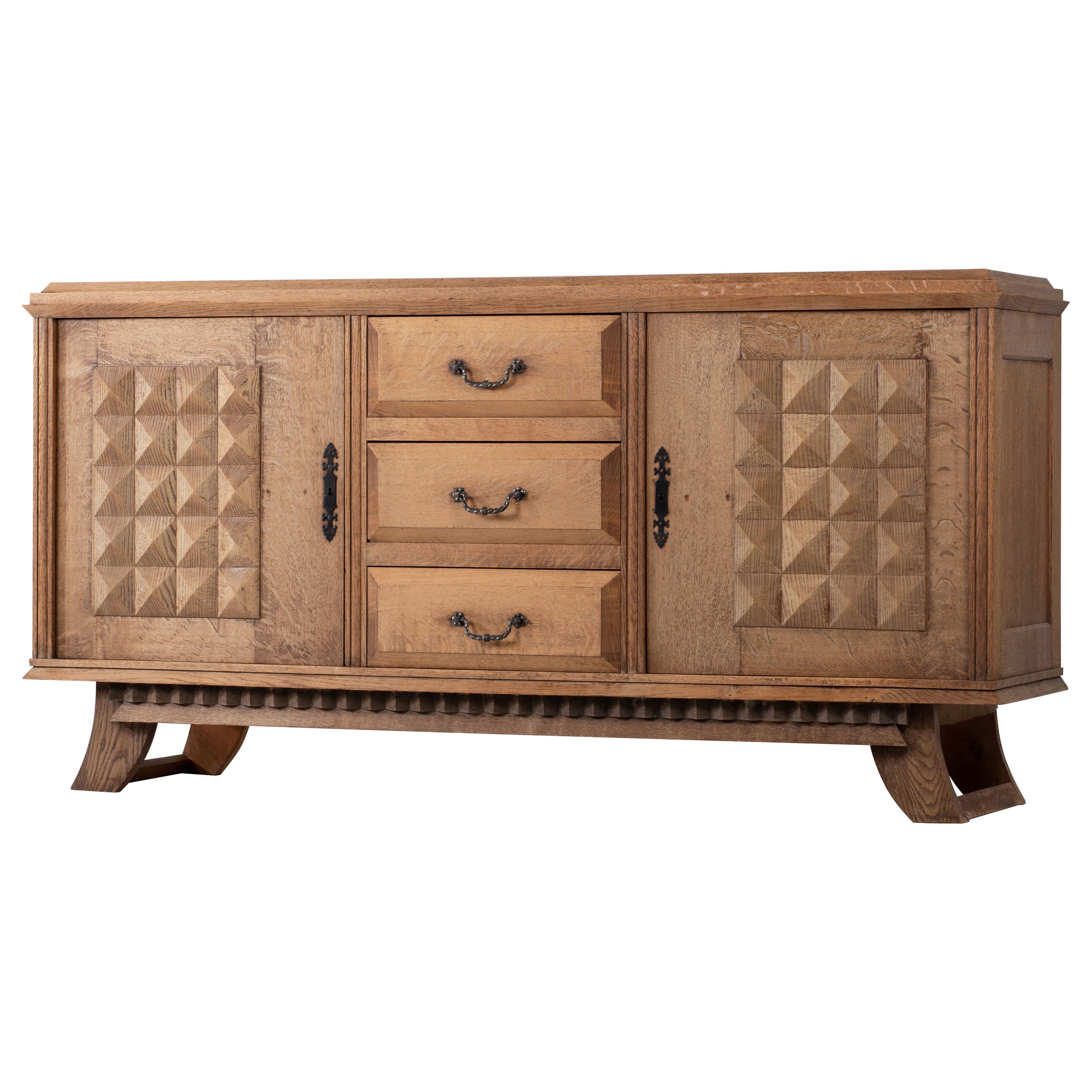 Bleached Solid Oak Credenza, France, 1940s