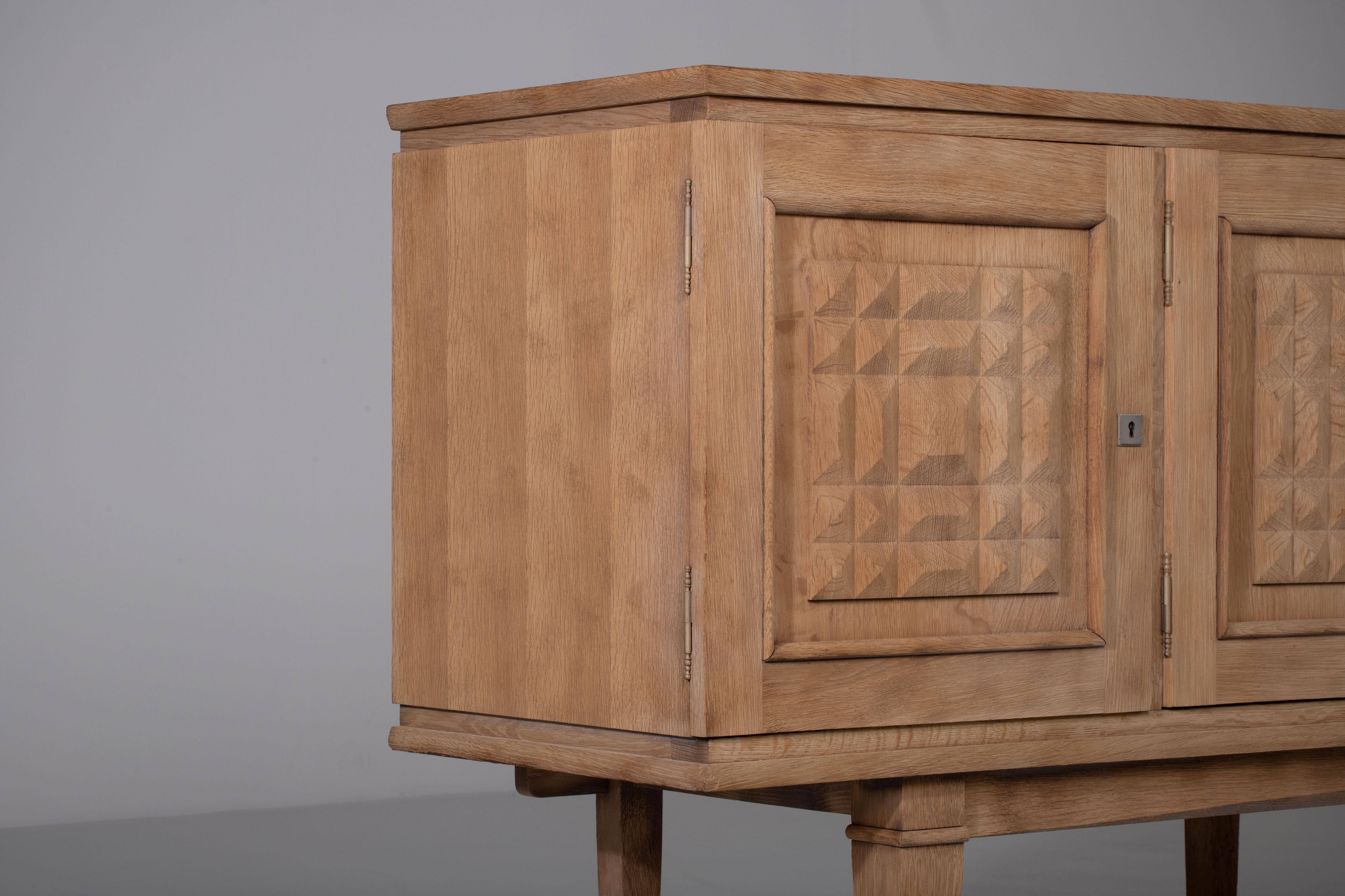 Bleached Solid Oak Credenza with Diamonds Details, France, 1940s 4